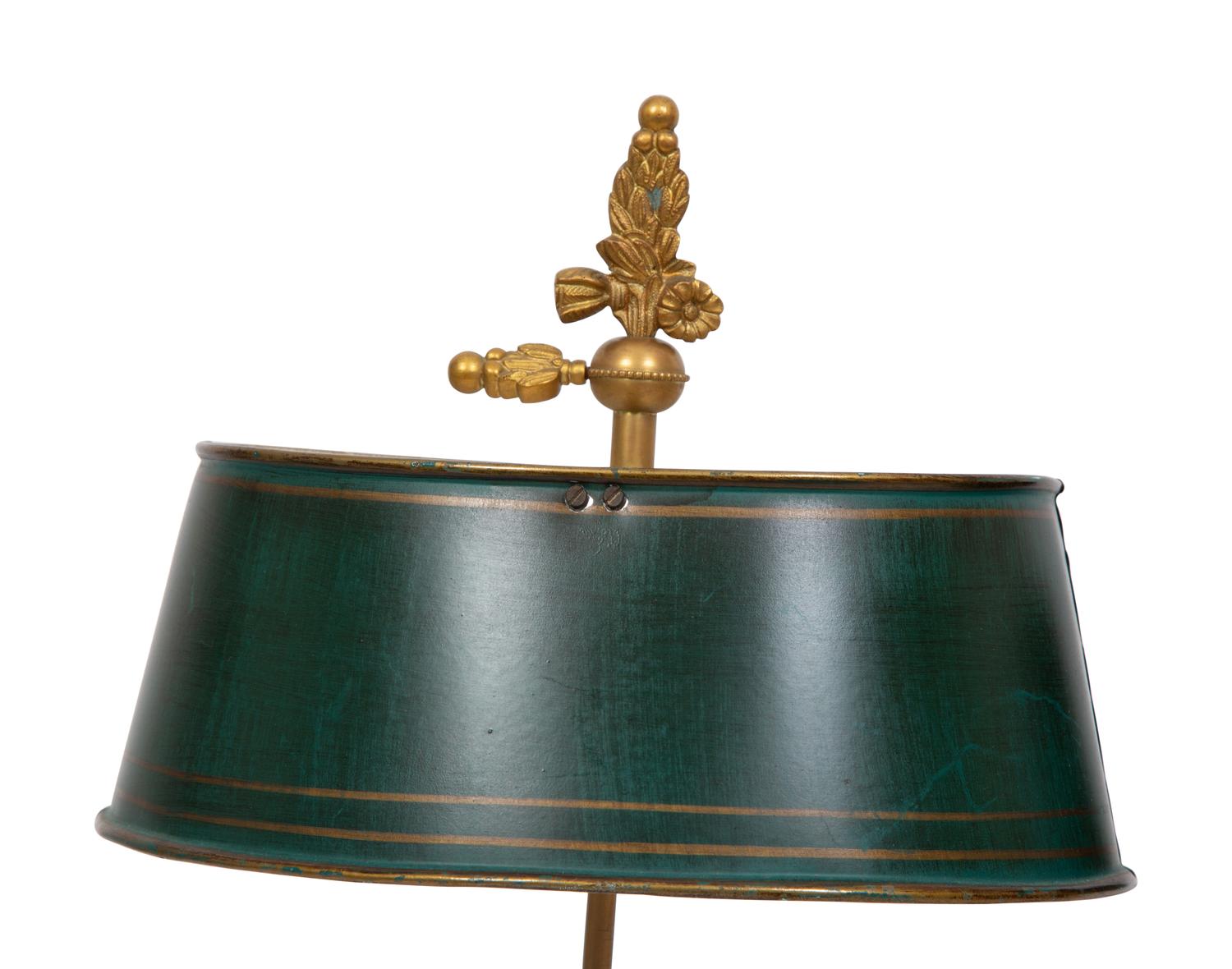 A Pair of Gilt Bronze Bouillotte Lamps with Green Tole Shades