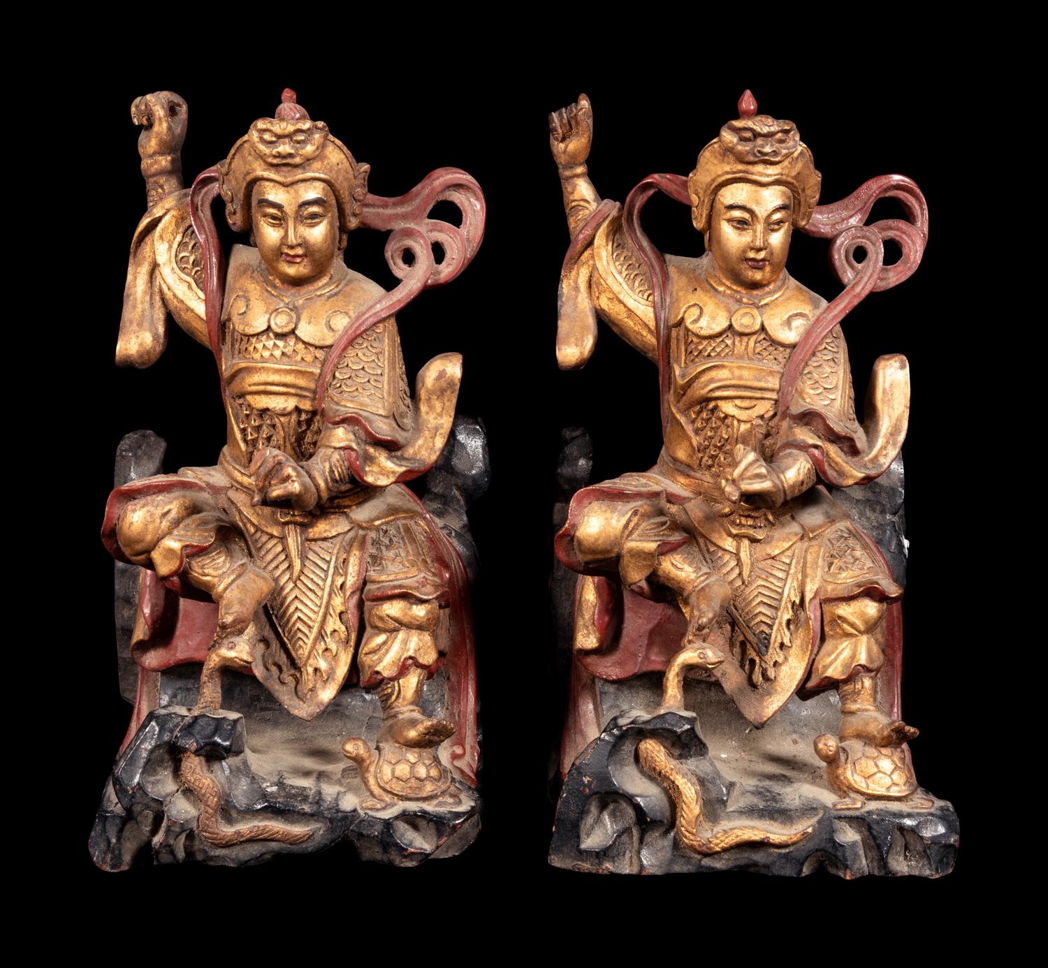 A Pair of Small Chinese Gilt and Red Lacquered Wood Figures of Guardians