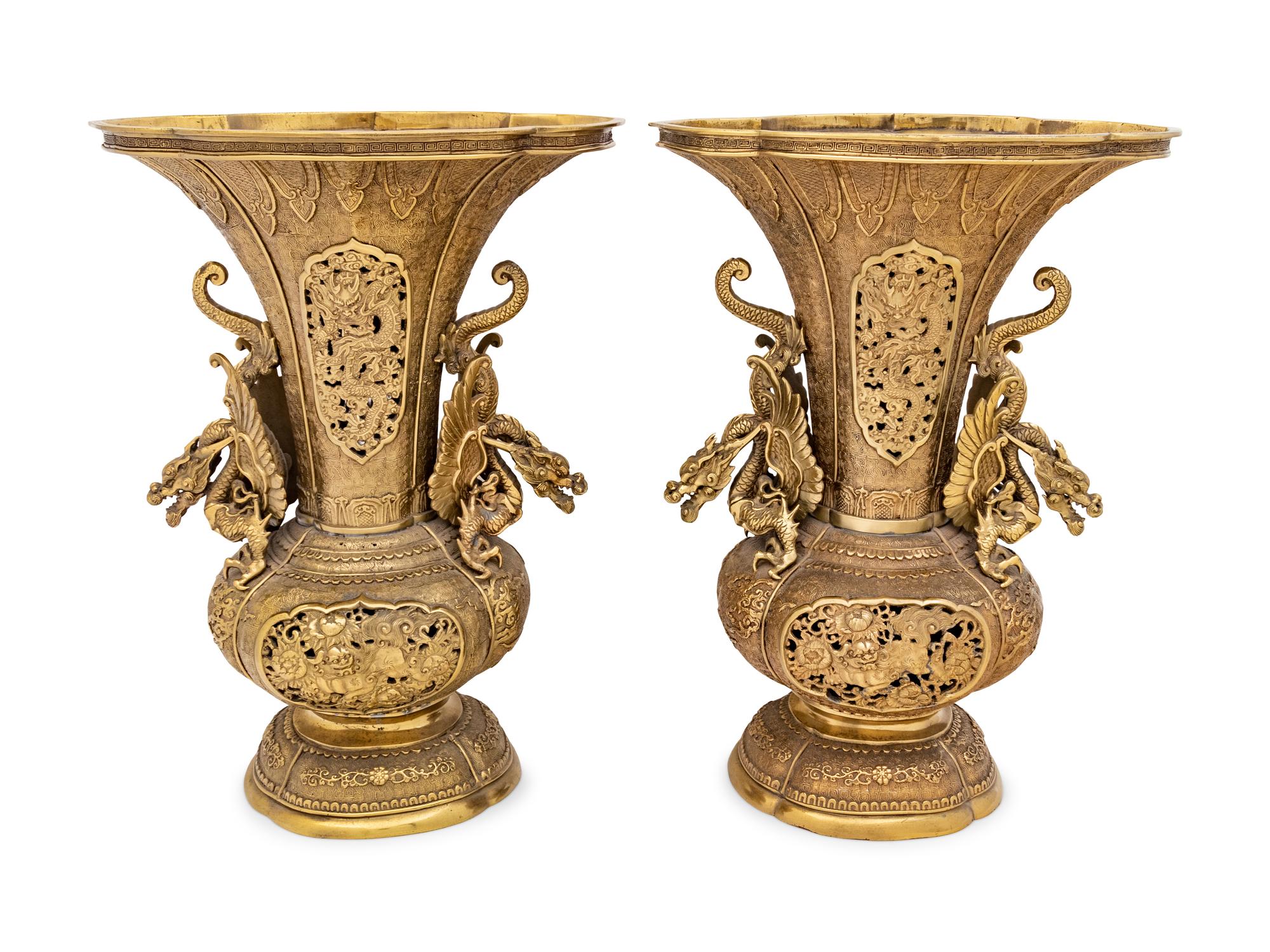 A Pair of Chinese Gilt Bronze Vases