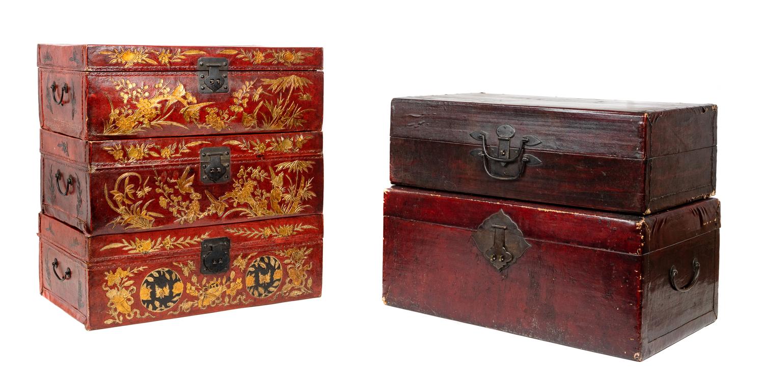 Five Chinese Red and Gilt Lacquered Leather Suitcases Width of largest 24 inches. — 19TH/20TH CENTURY
