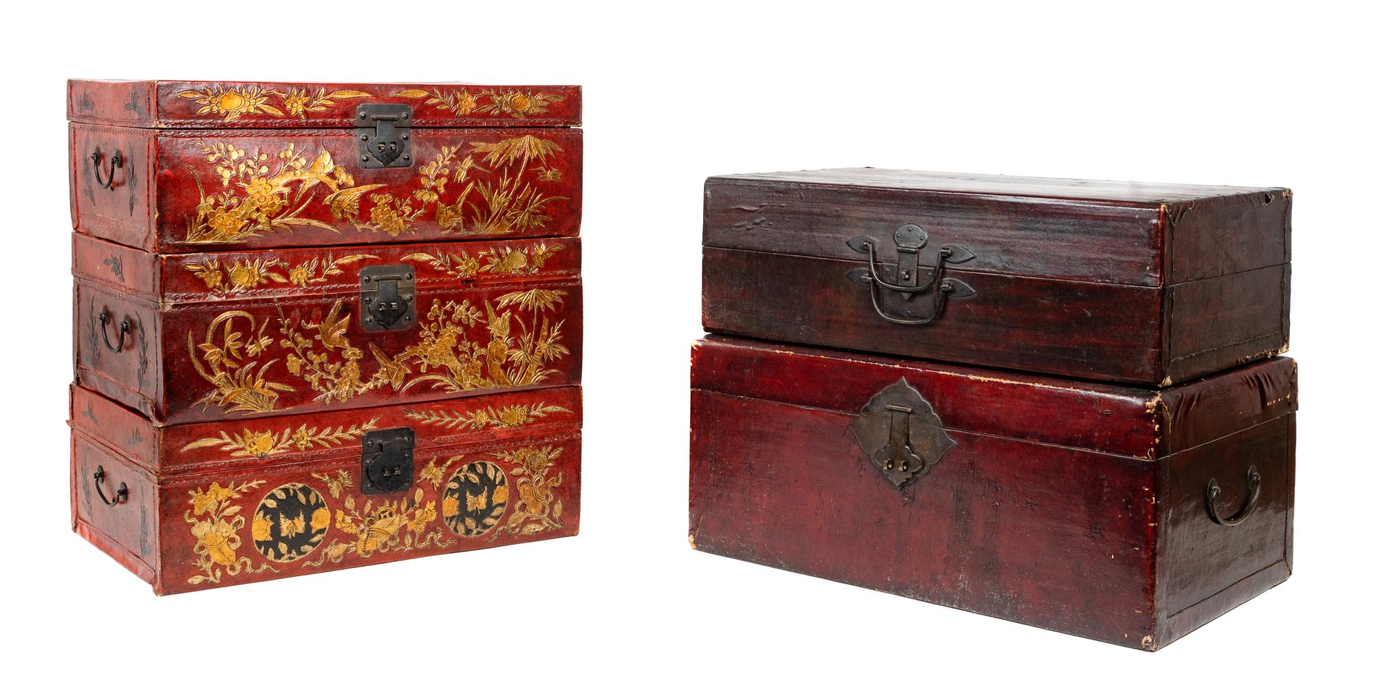 Five Chinese Red and Gilt Lacquered Leather Suitcases Width of largest 24 inches. — 19TH/20TH CENTURY