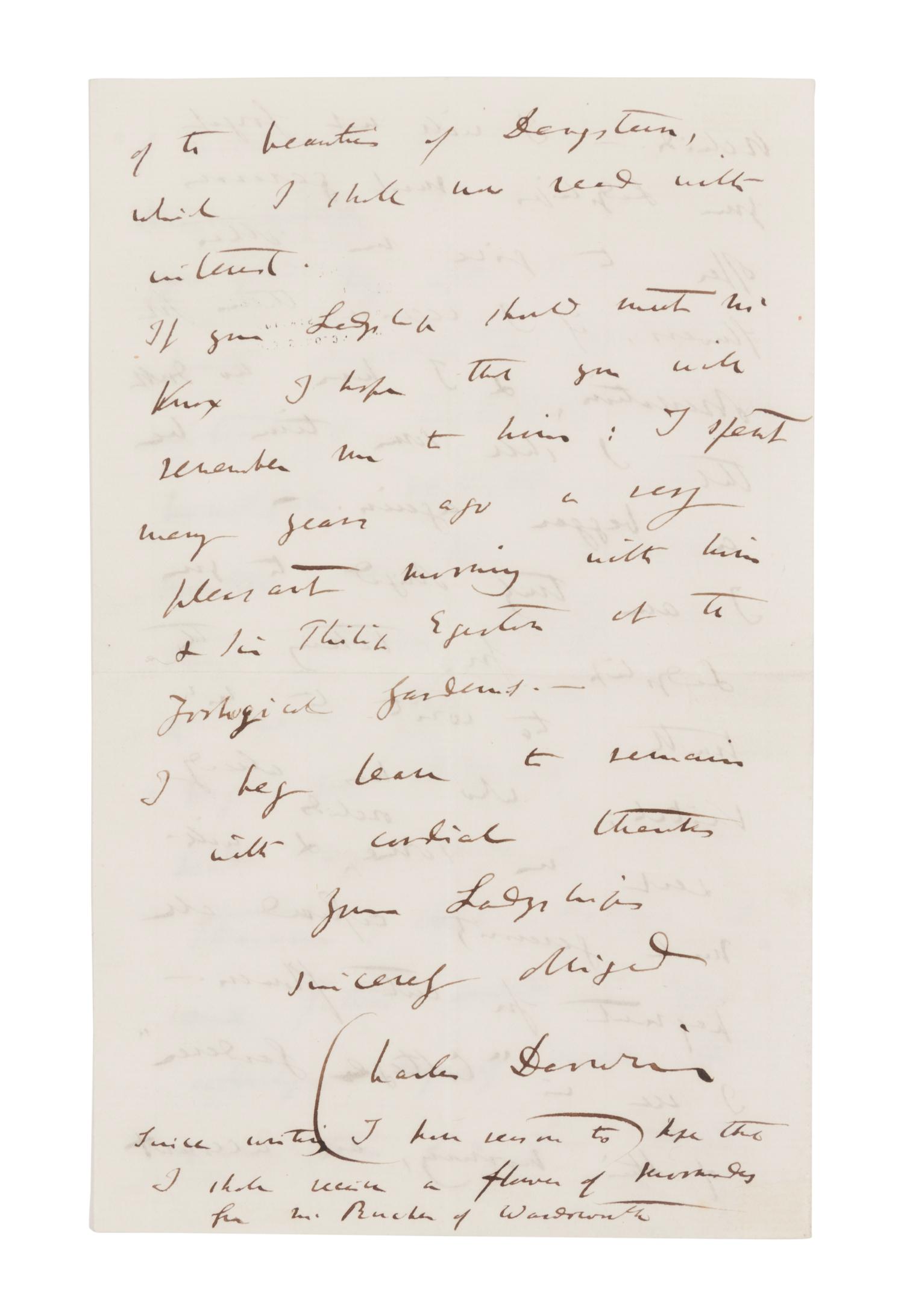 DARWIN, Charles (1809-1882). Autograph letter signed (“Charles Darwin”) to Lady Dorothy Fanny Nevill (“Madam”), Down, Bromley, Kent, 27 November [1861]. 4 pages, 8vo (203 x 127 mm), on a bifolium. Creased.