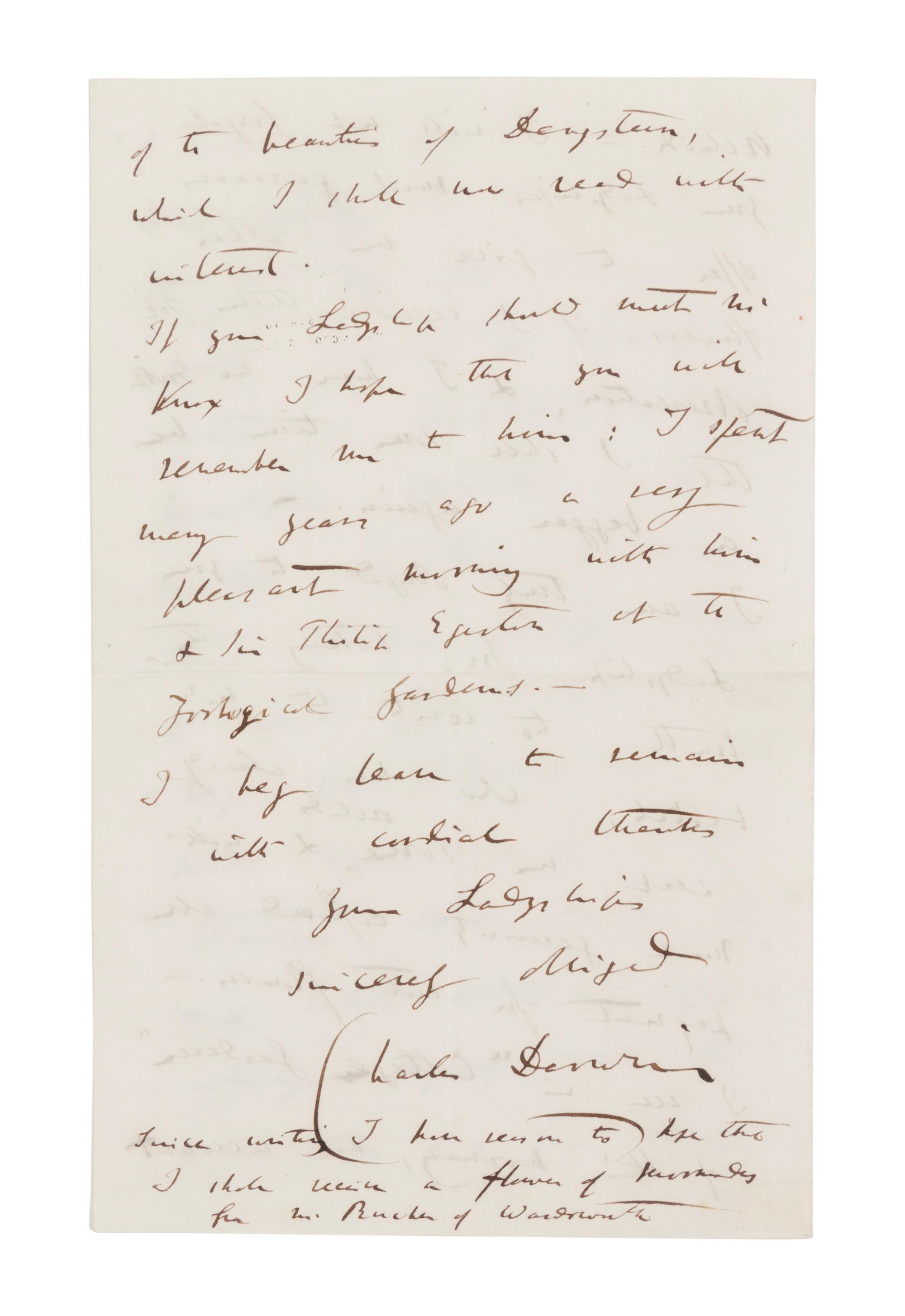 DARWIN, Charles (1809-1882). Autograph letter signed (“Charles Darwin”) to Lady Dorothy Fanny Nevill (“Madam”), Down, Bromley, Kent, 27 November [1861]. 4 pages, 8vo (203 x 127 mm), on a bifolium. Creased.