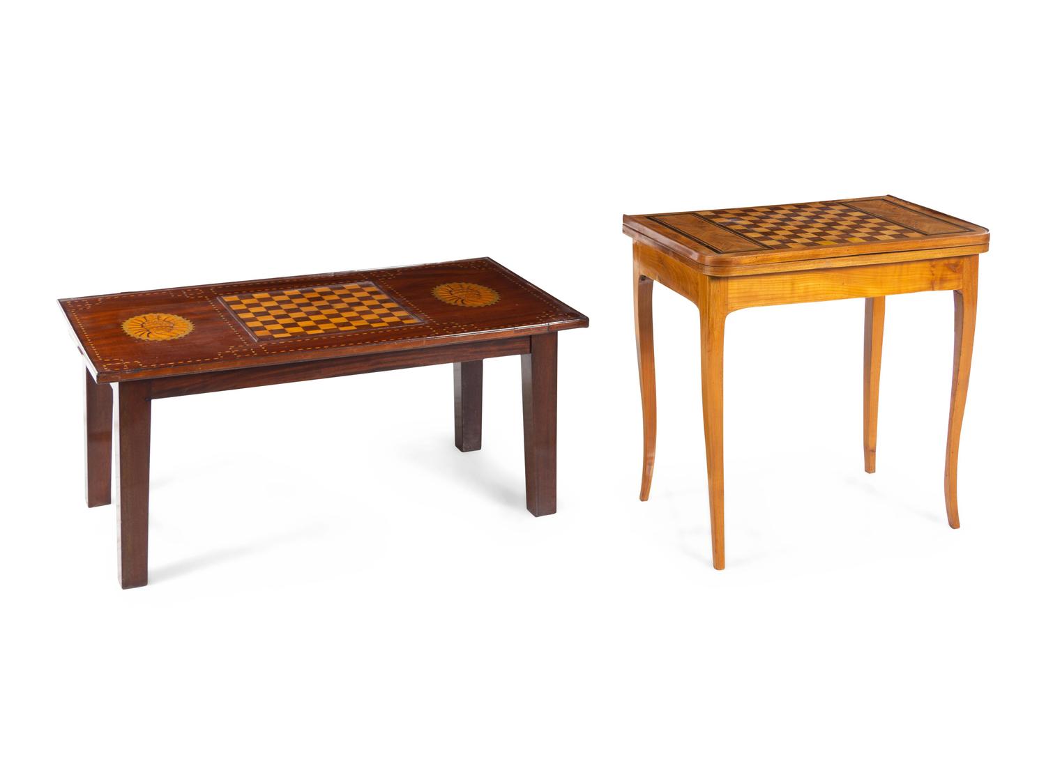 A Mahogany and Marquetry Game Table and a Fruitwood Flip-Top Game Table