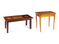 A Mahogany and Marquetry Game Table and a Fruitwood Flip-Top Game Table