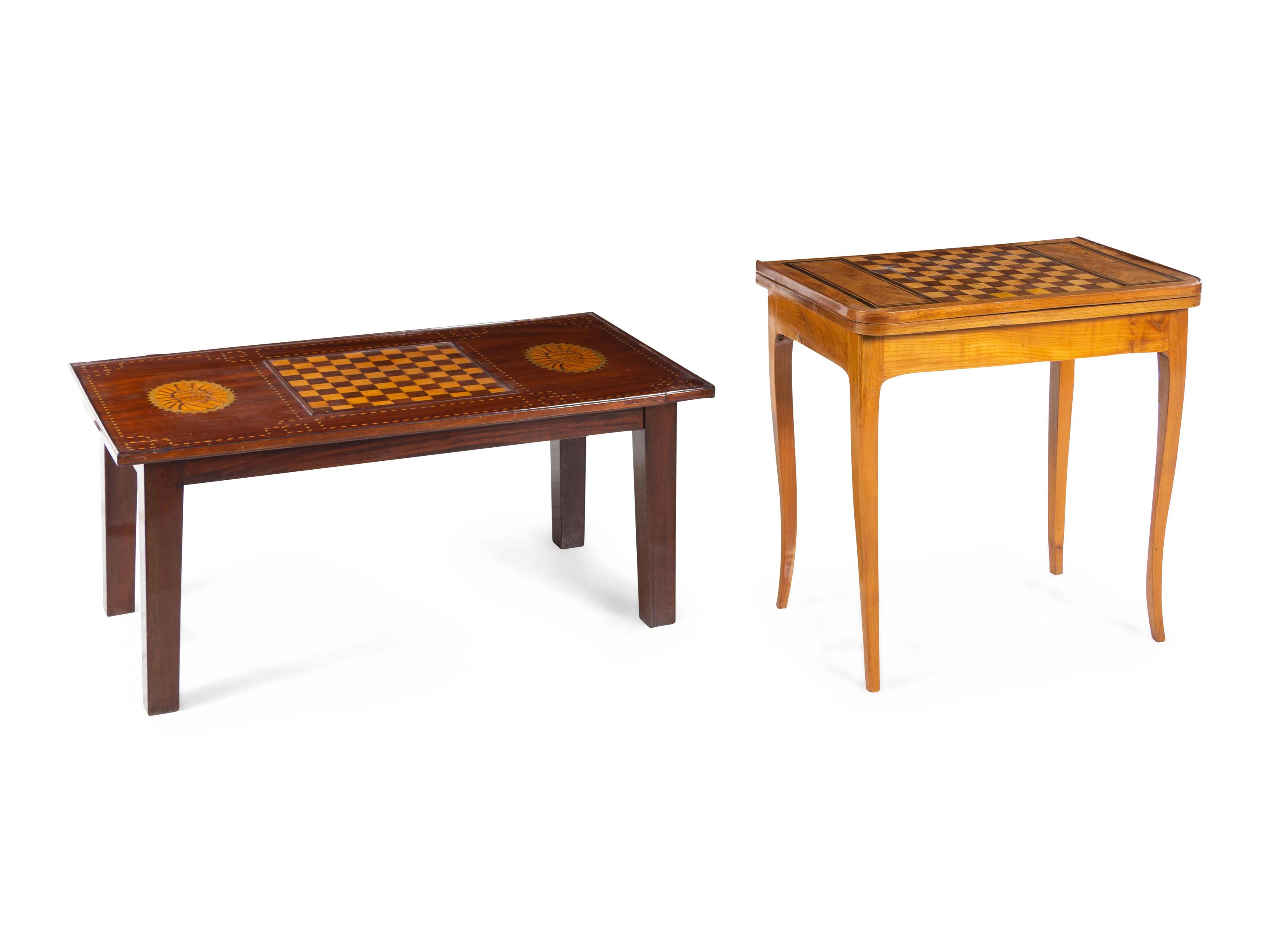 A Mahogany and Marquetry Game Table and a Fruitwood Flip-Top Game Table