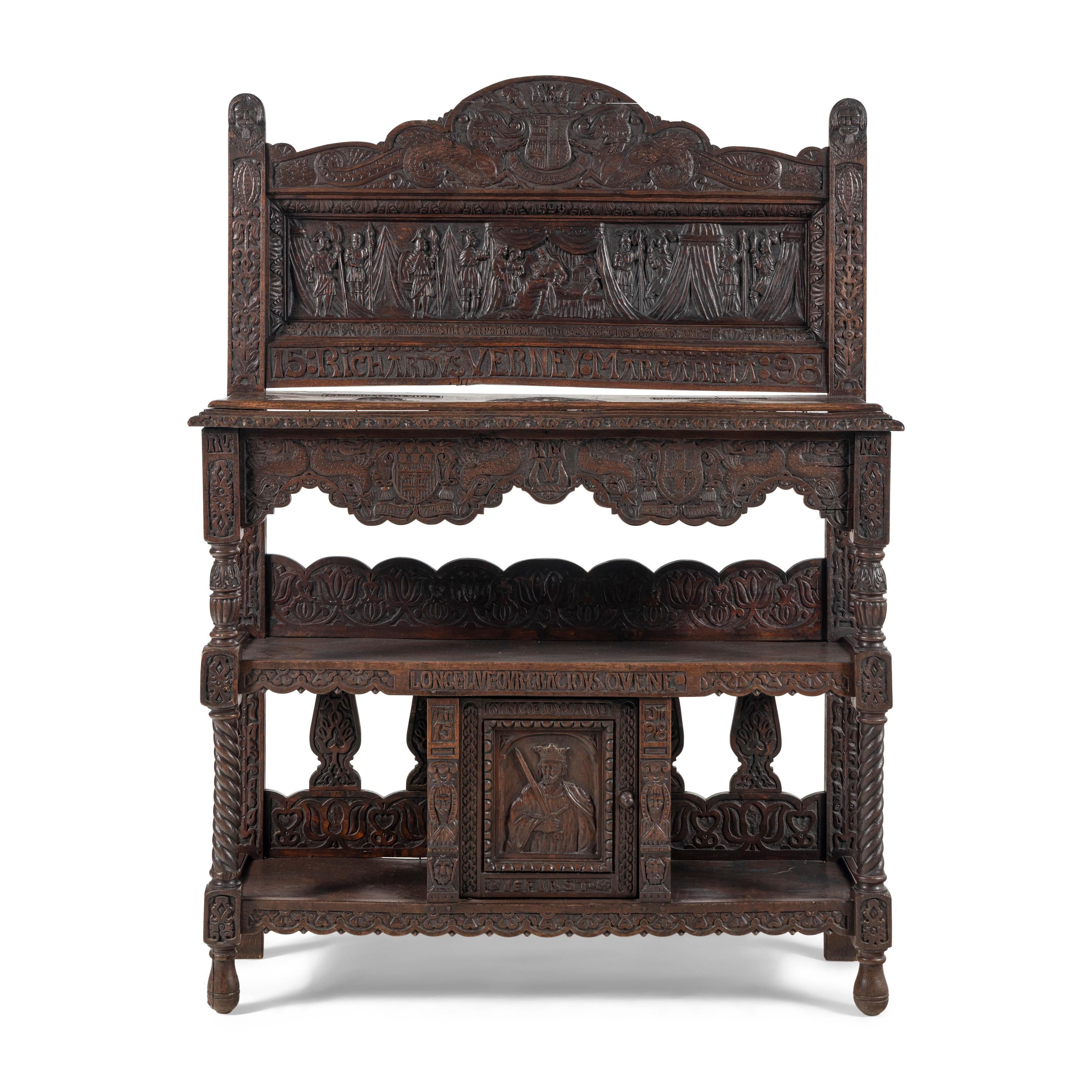 An Elizabethan Style Carved Oak Three-Tier Server