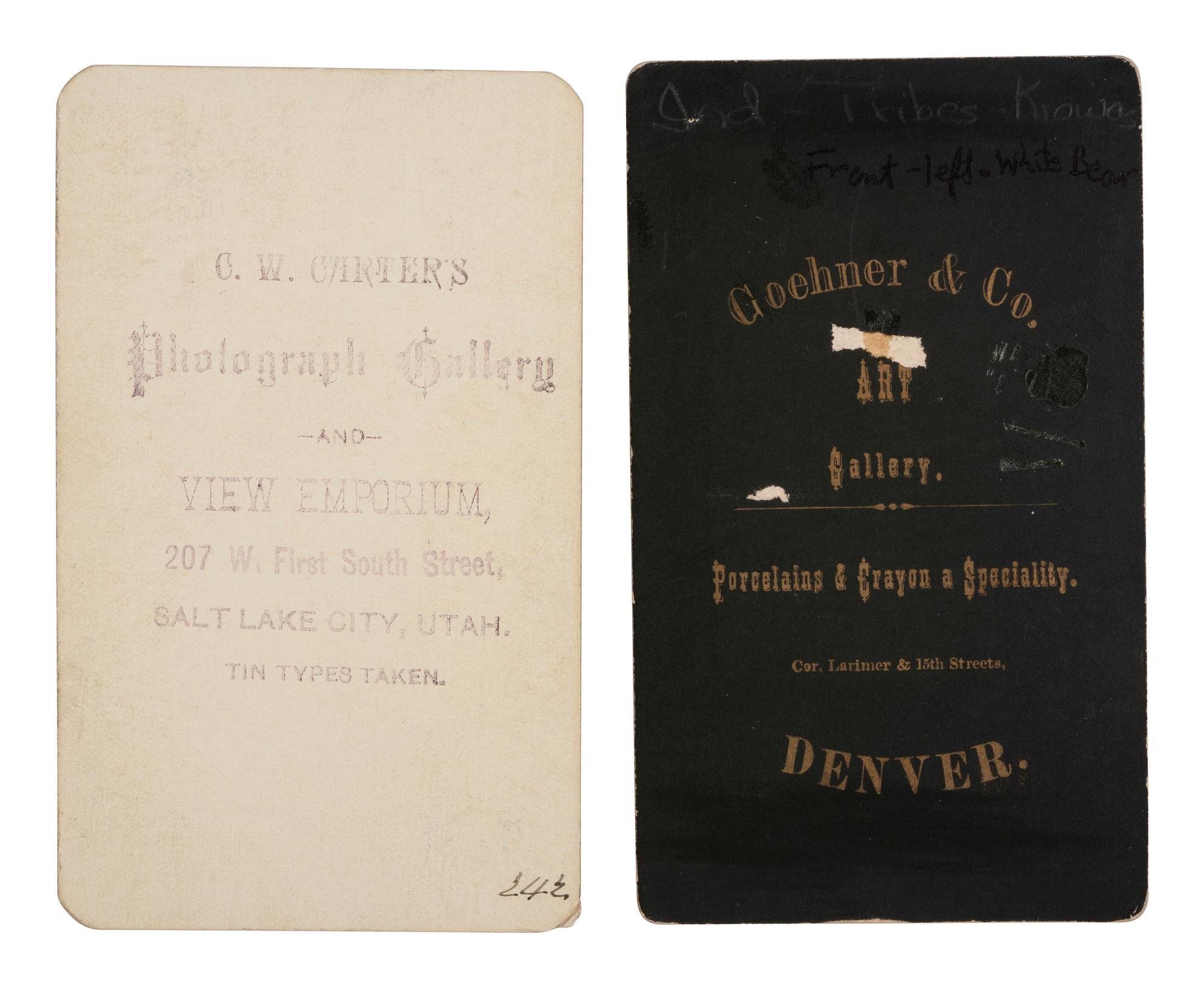 [NATIVE AMERICANS]. 3 CDVs of Native American subjects, highlighted by view of Kiowa Indians.
