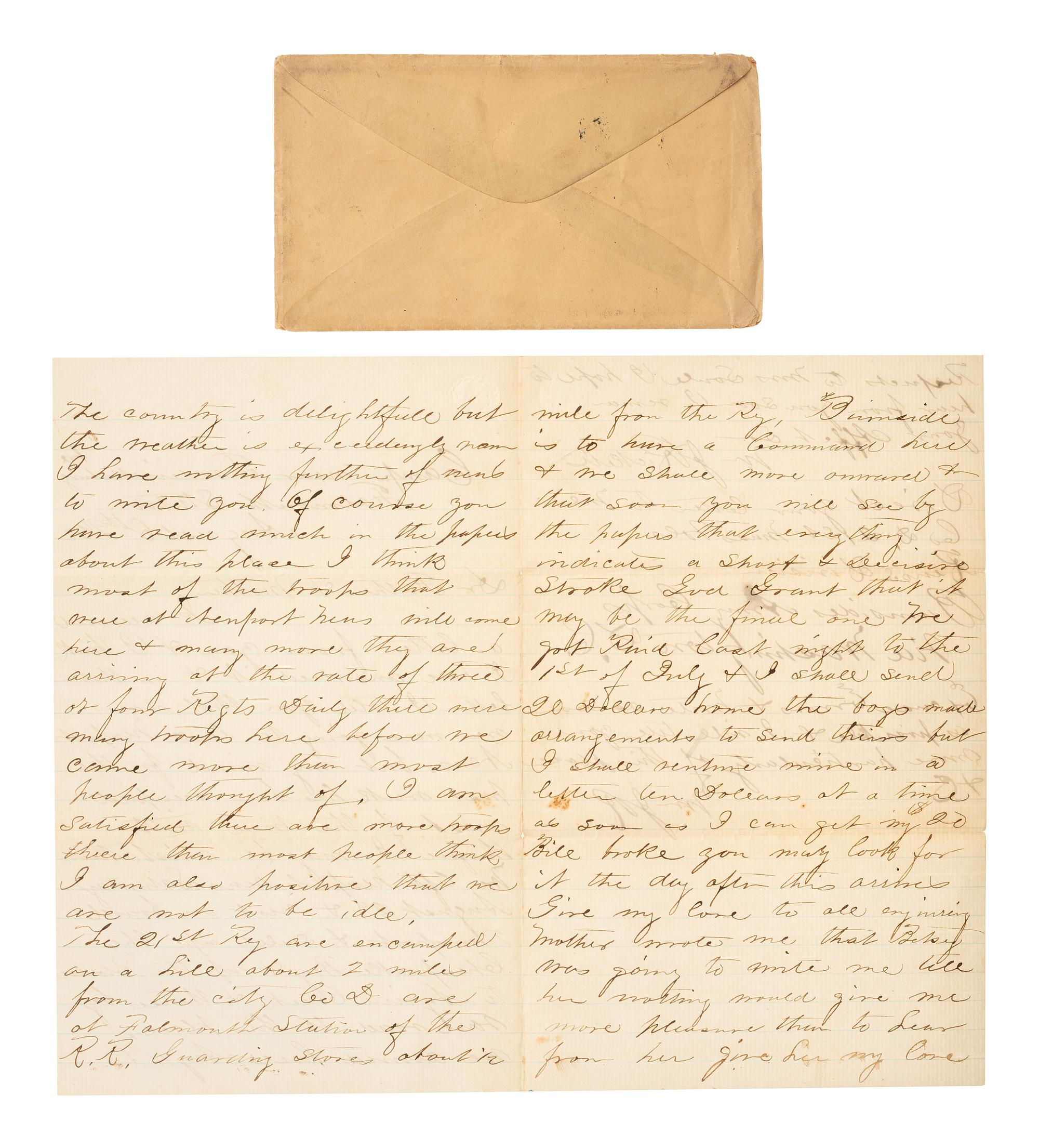 A group of items identified to Corporal William J. Ricketts, Company D, 21st Massachusetts Infantry, WIA Fredericksburg and Bethesda Church, VA, incl. bullet-struck haversack, utensils, and mucket.