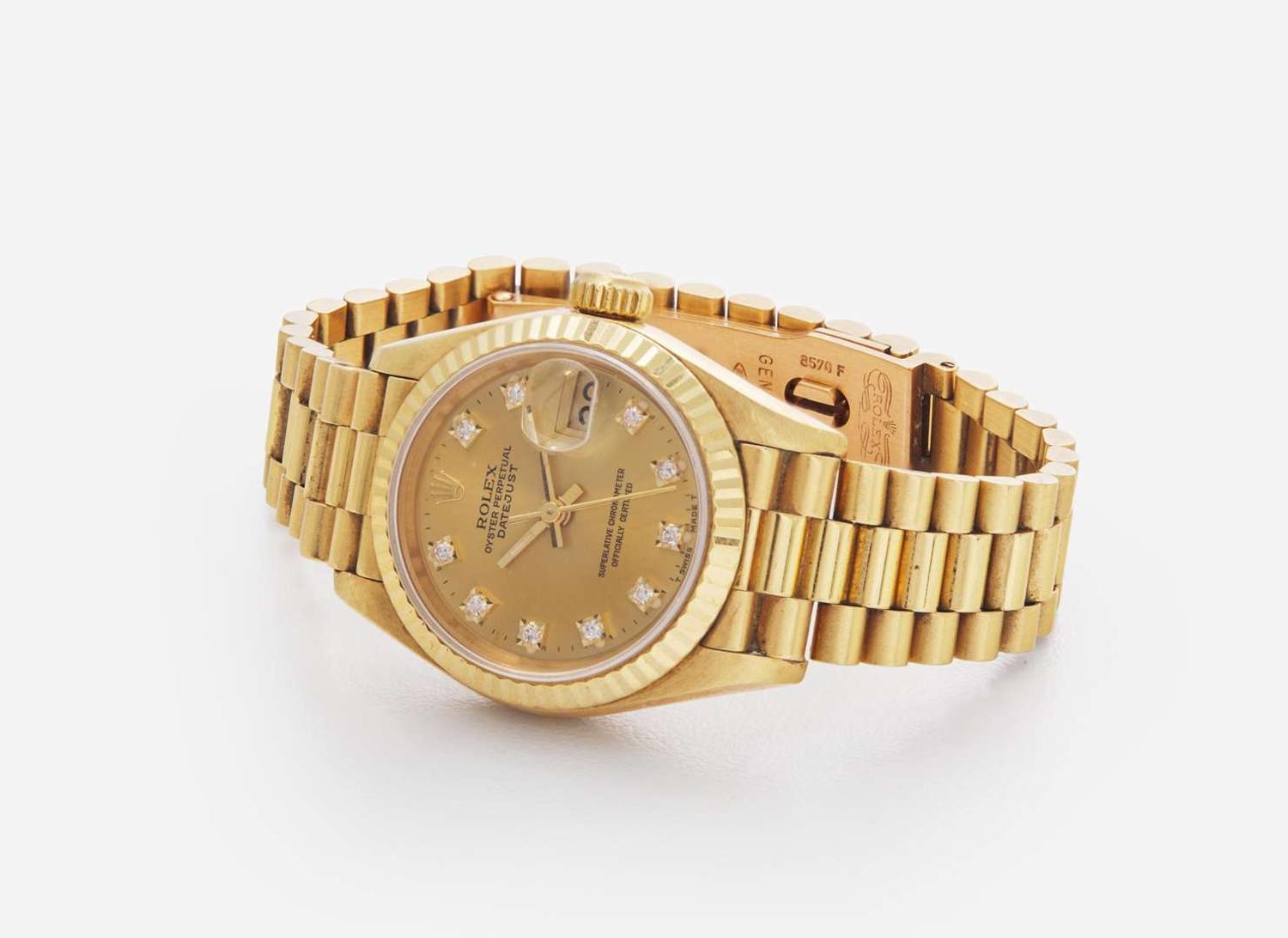 A Ladies 18K Yellow Gold Rolex Oyster Perpetual Datejust Presidential with Diamond Markers