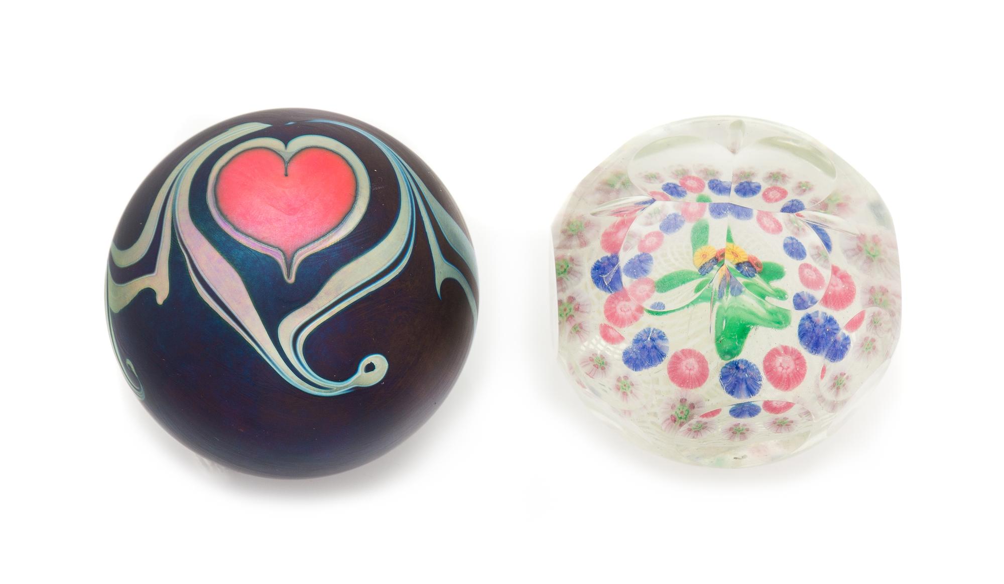 Correia Art Glass, Fountain Valley, California, a glass paperweight, with an associated Chinese example