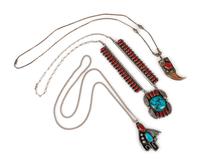 Navajo and Kewa Silver, Coral, and Turquoise Pendants / Necklaces