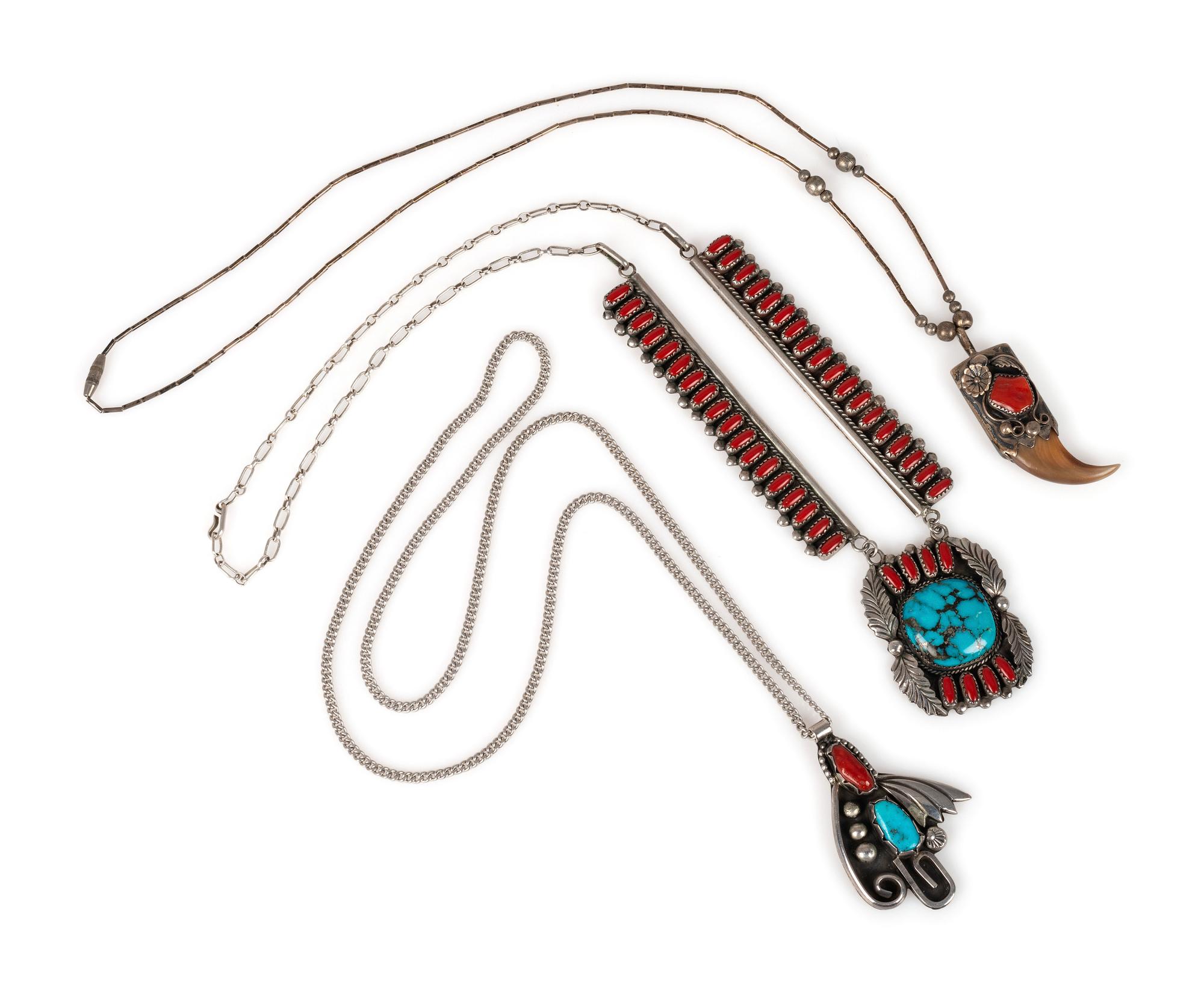 Navajo and Kewa Silver, Coral, and Turquoise Pendants / Necklaces
