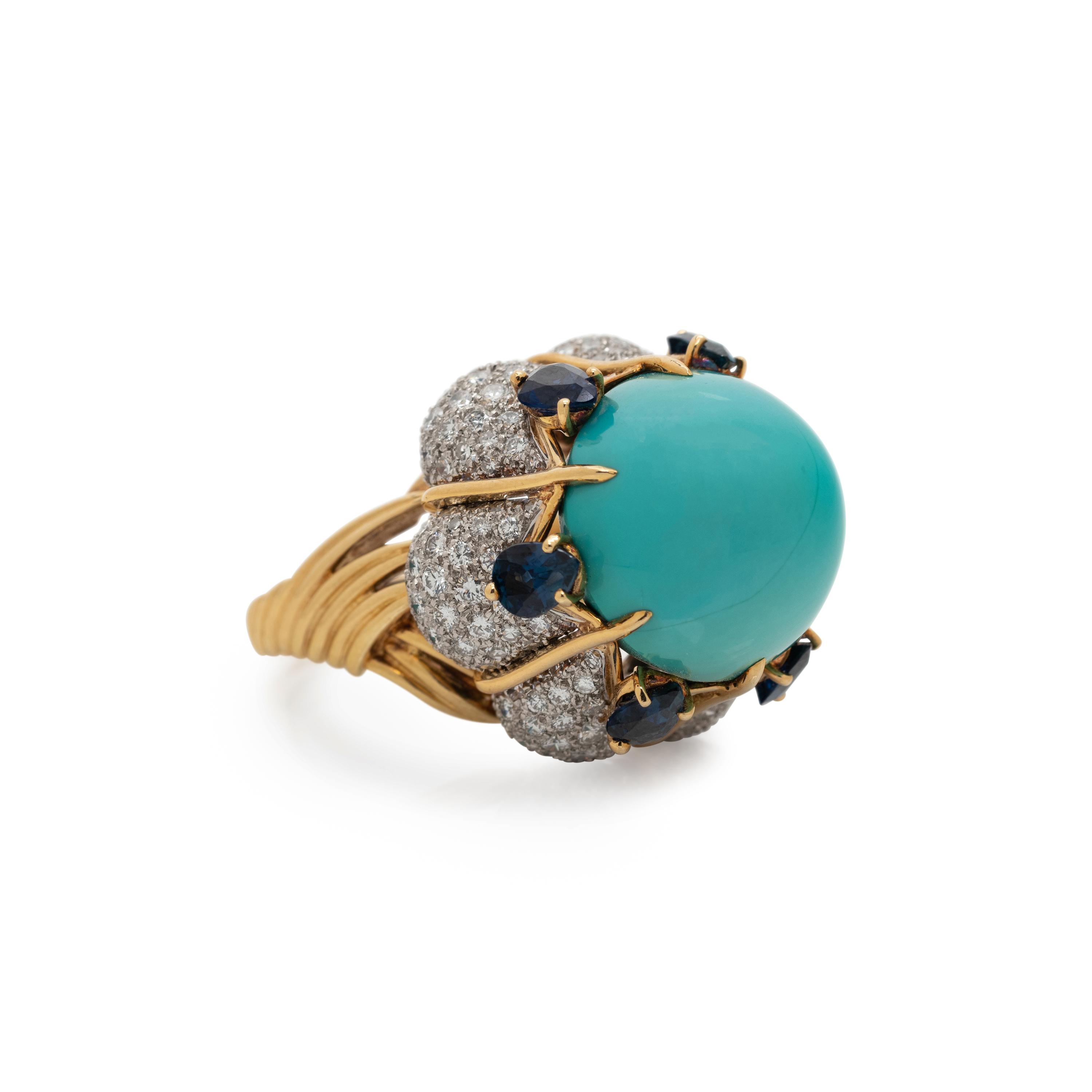TURQUOISE, DIAMOND AND SAPPHIRE RING
