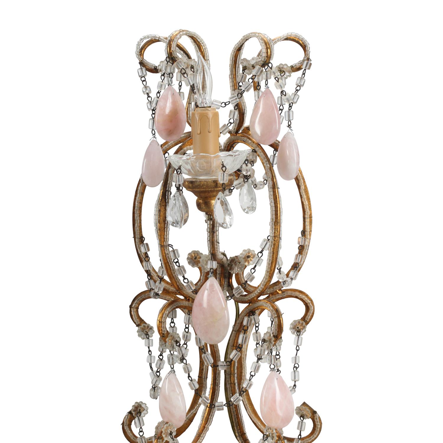 A Pair of Large Italian Neoclassical Style Cut Glass and Rose Quartz Six-Light Sconces