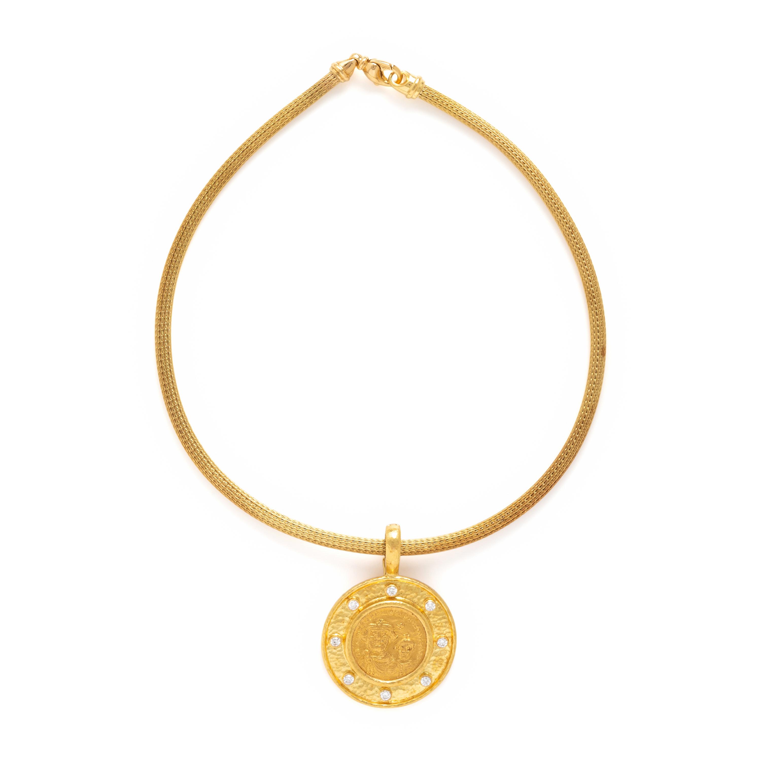 Elizabeth Locke, Yellow Gold and Diamond Ancient Coin Pendant with Unsigned Chain