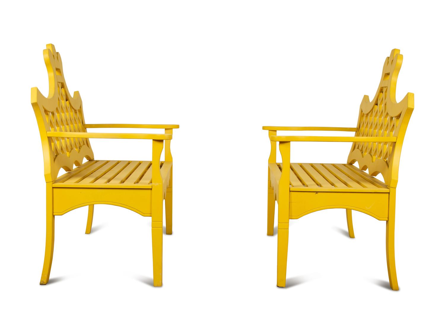 Two Yellow Painted Wood Garden Benches — 20TH CENTURY
