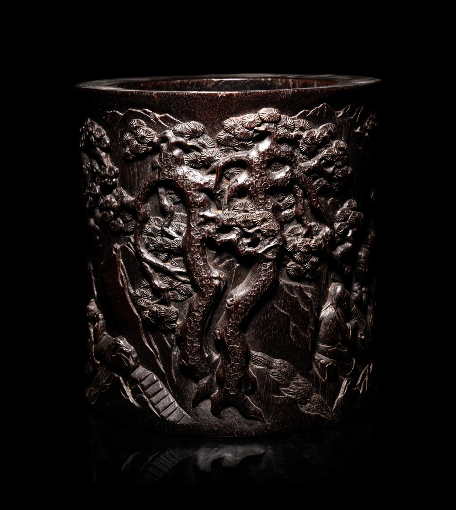 A Large Chinese Carved Hardwood Brushpot, Bitong