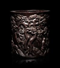 A Large Chinese Carved Hardwood Brushpot, Bitong