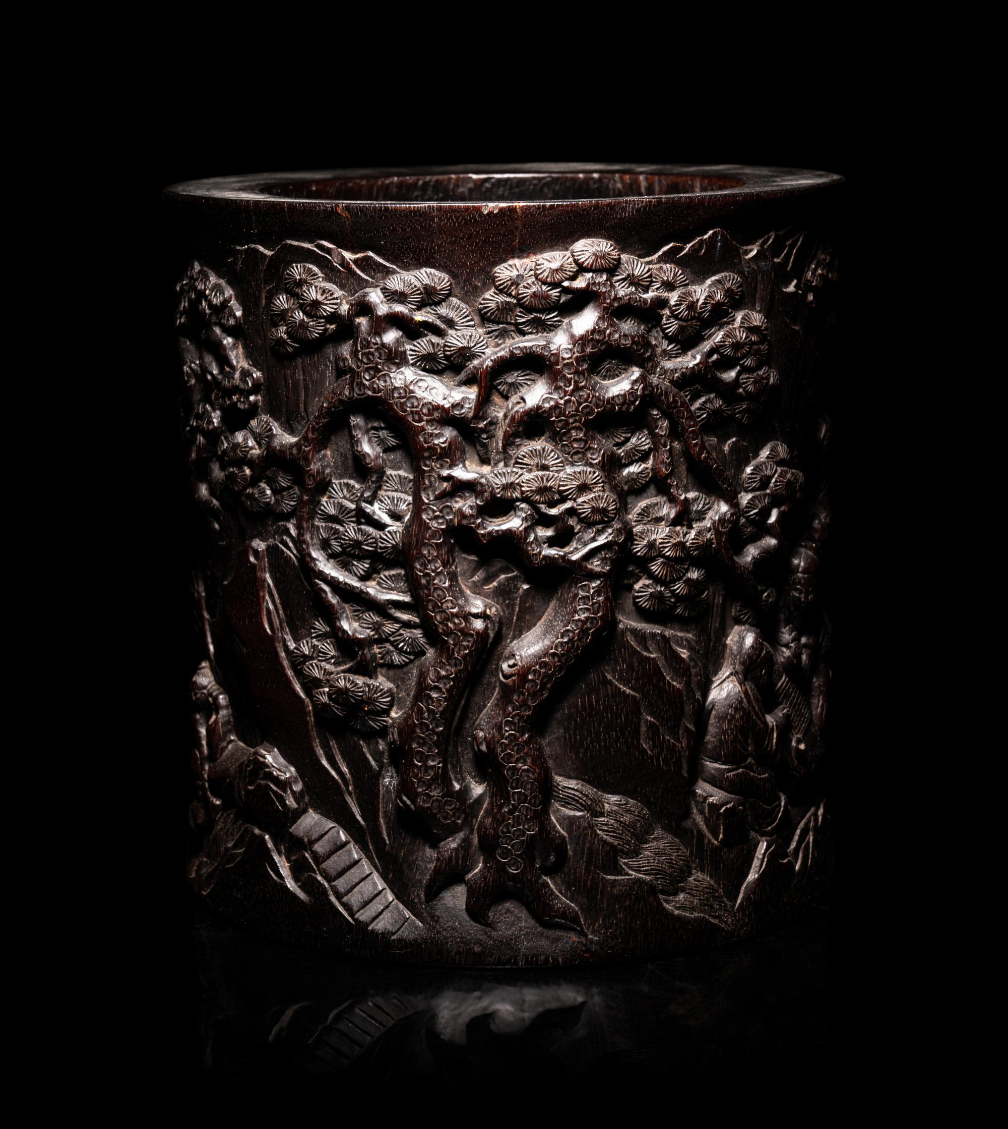 A Large Chinese Carved Hardwood Brushpot, Bitong