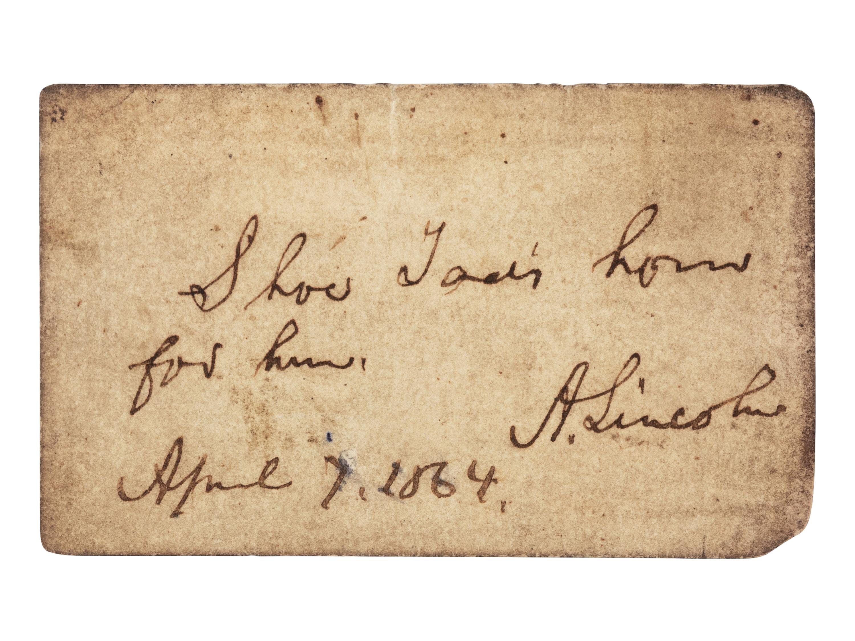 LINCOLN, Abraham (1809-1865). Autograph note, signed ("A. Lincoln"), as President, Washington, D.C., 7 April 1864.