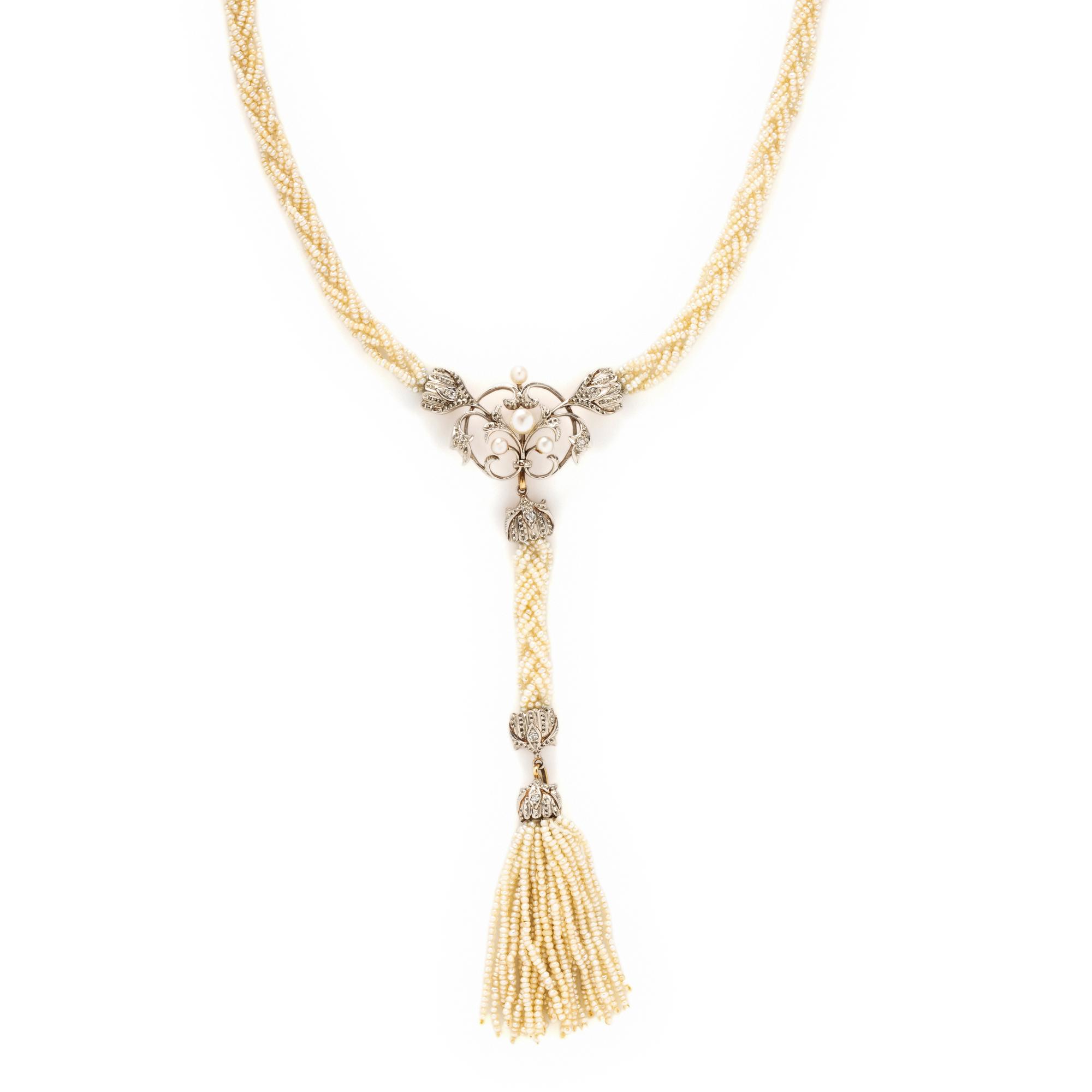 ANTIQUE, PLATINUM-TOPPED YELLOW GOLD, SEED PEARL AND DIAMOND SAUTOIR NECKLACE