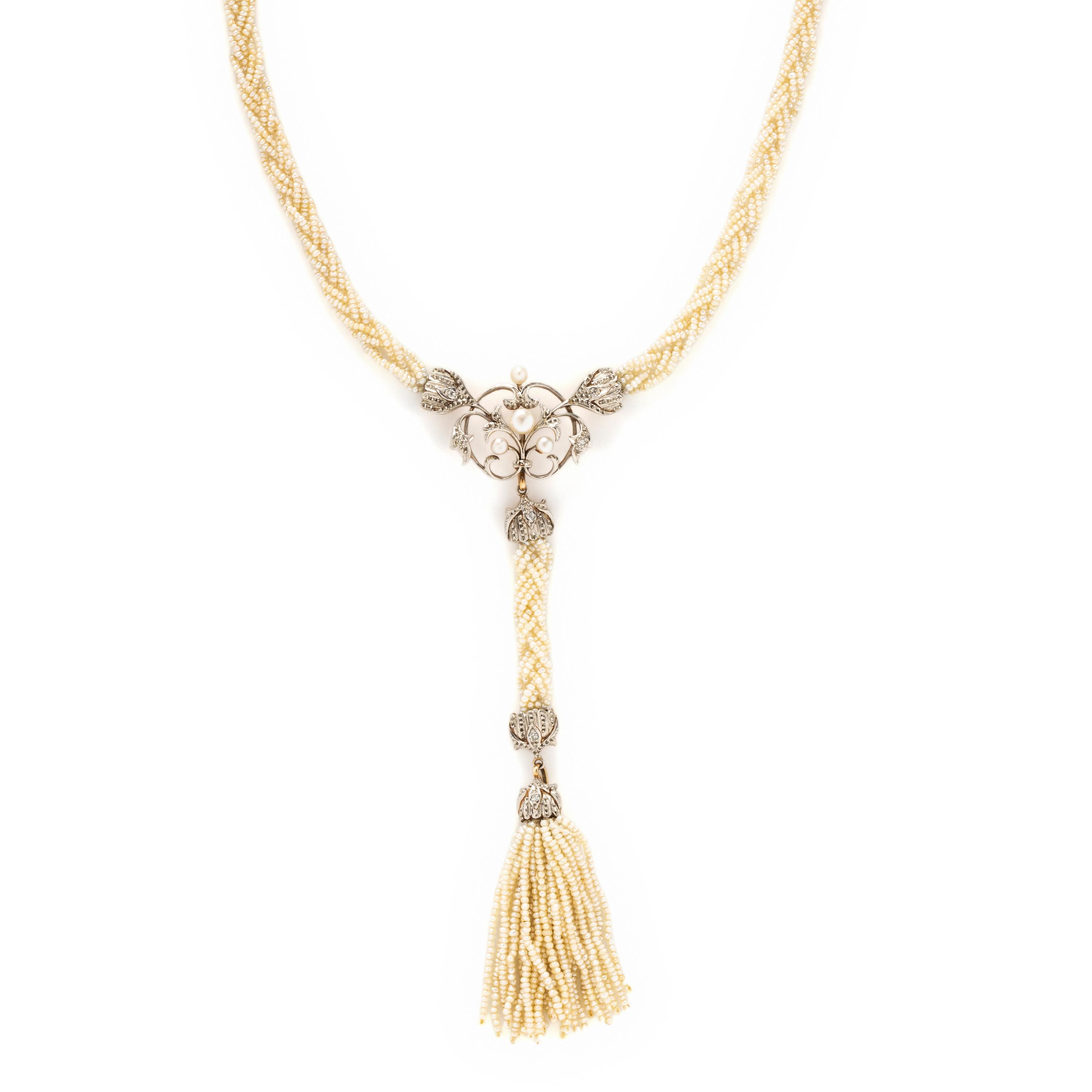 ANTIQUE, PLATINUM-TOPPED YELLOW GOLD, SEED PEARL AND DIAMOND SAUTOIR NECKLACE