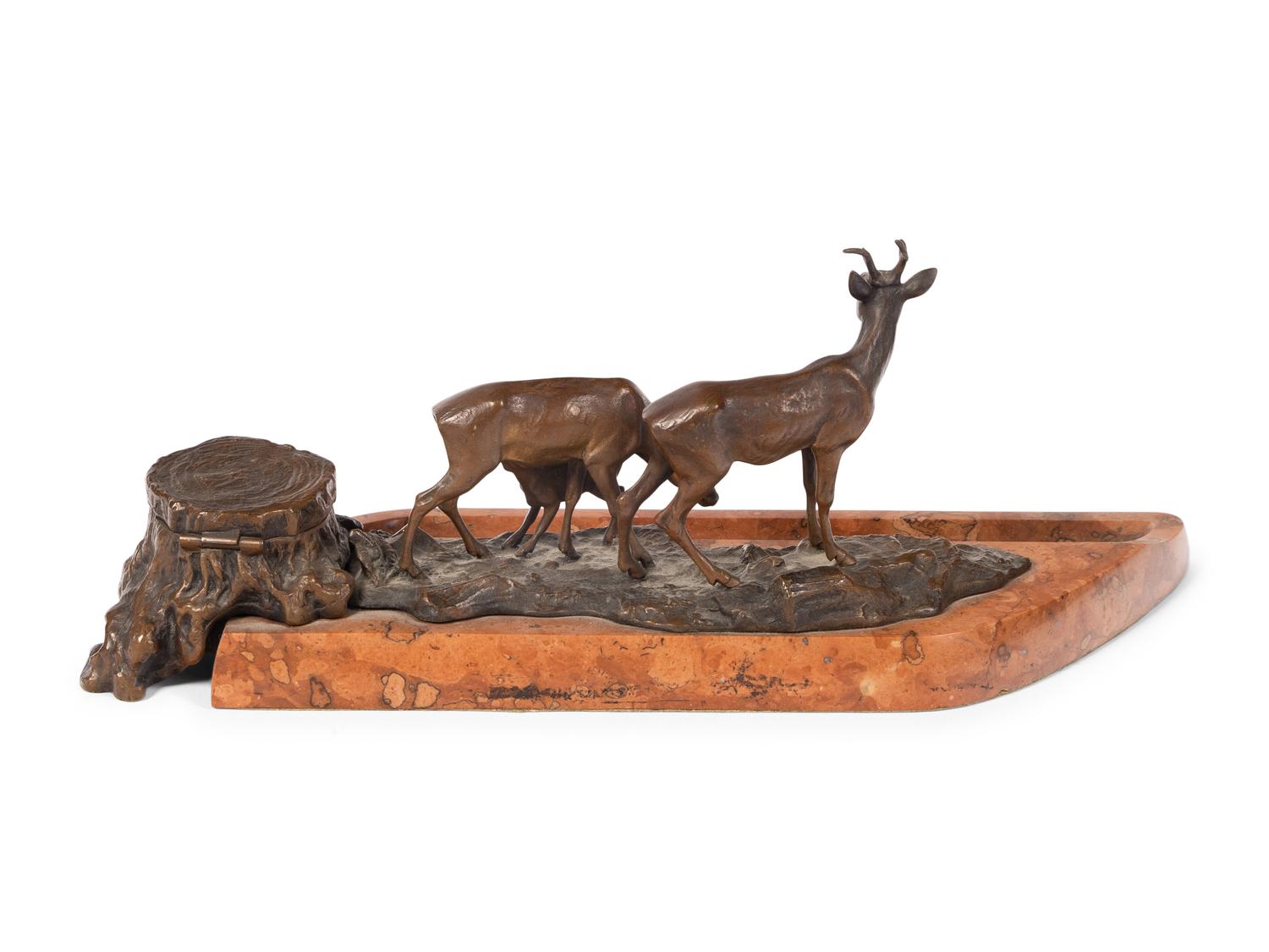 A Continental Bronze and Carved Hardstone Standish