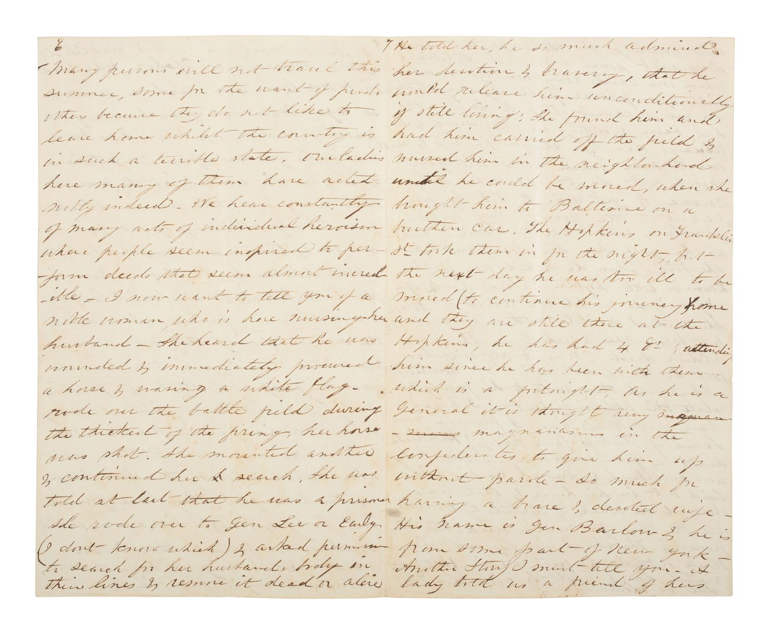[CIVIL WAR]. Letter describing the bravery of nurse Arabella Barlow on the field at Gettysburg.