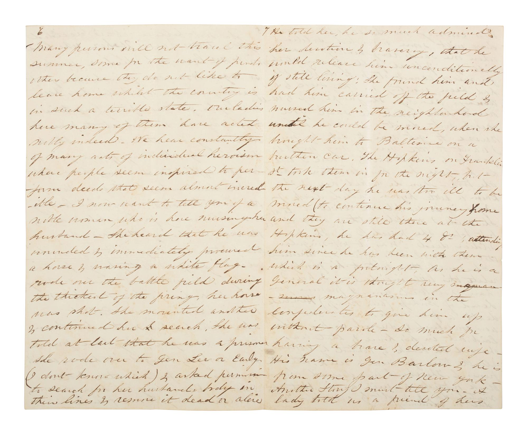 [CIVIL WAR]. Letter describing the bravery of nurse Arabella Barlow on the field at Gettysburg.