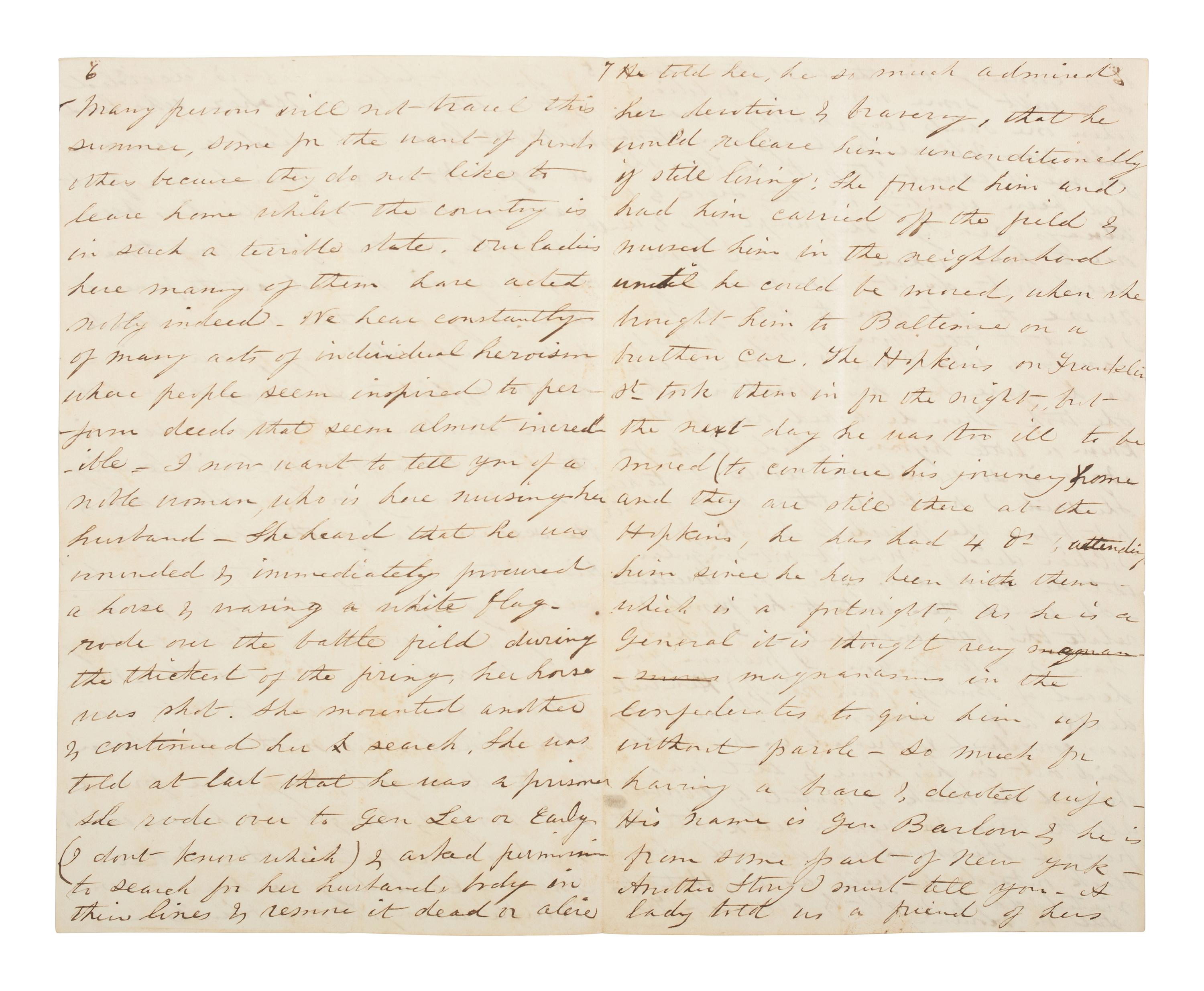 [CIVIL WAR]. Letter describing the bravery of nurse Arabella Barlow on the field at Gettysburg.