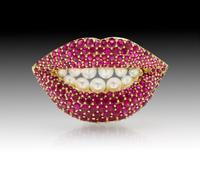 An 18 Karat Yellow Gold, Ruby and Cultured Pearl Lips Brooch, Henryk Kaston for Salvador Dali, 16.80 dwts.