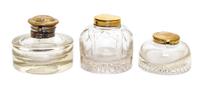 Three Brass Mounted Glass Inkwells Height of tallest 2 7/8 inches.