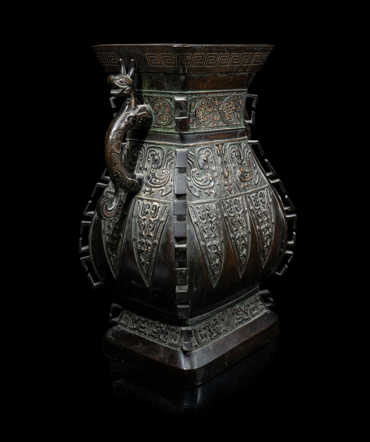 A Chinese Silver Inlaid and Parcel Gilt Archaistic Bronze Hu Vase