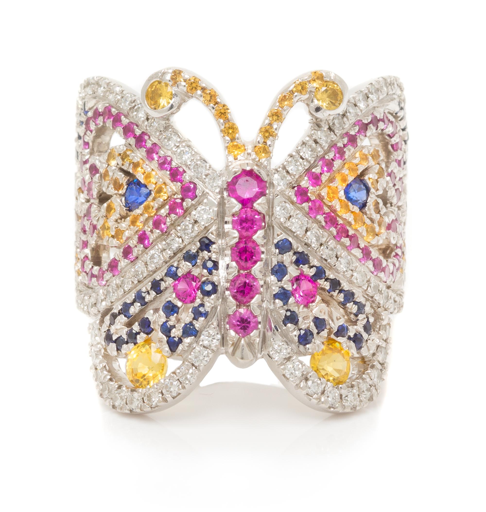 An 18 Karat White Gold, Multicolored Sapphire and Diamond Butterfly Motif Ring, 11.00 dwts.