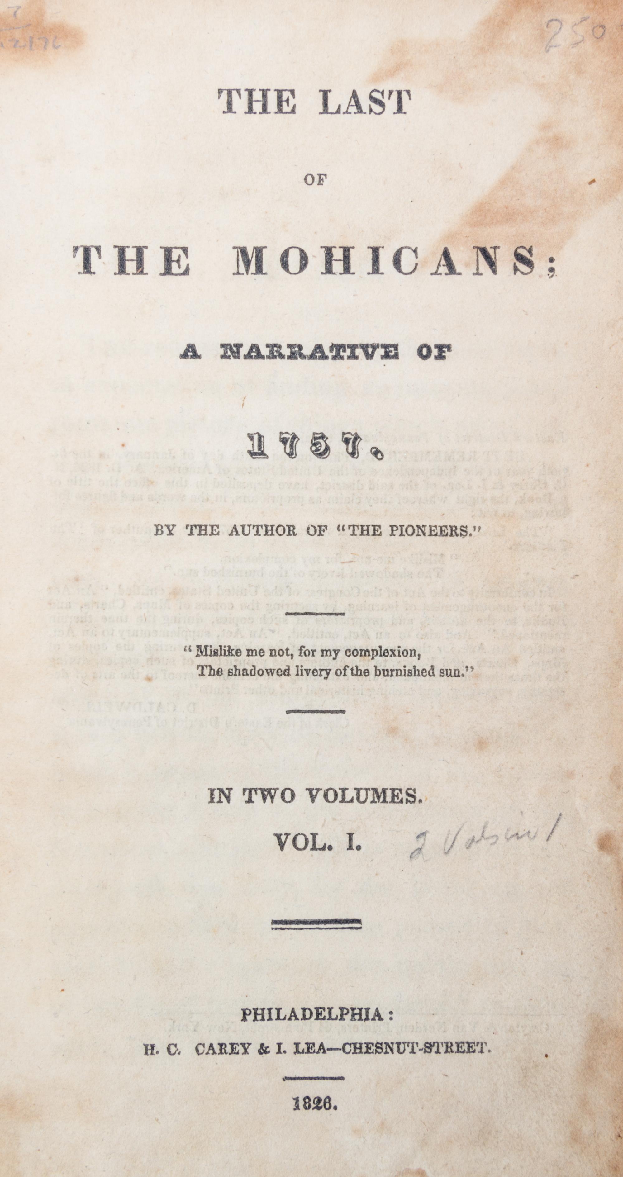 COOPER, JAMES FENIMORE. The Last of the Mohicans. Phil, 1826. First edition. 2 vols. in one.