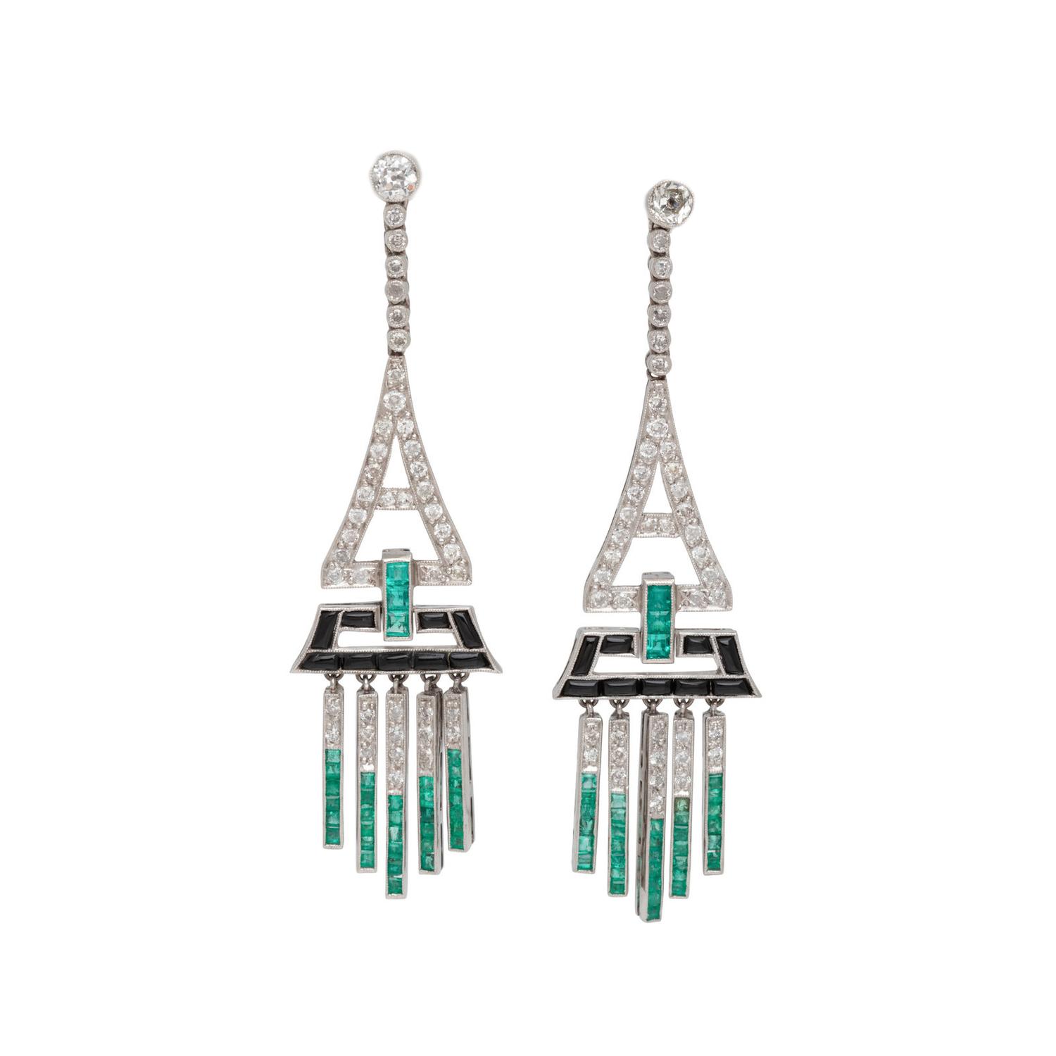 DIAMOND, EMERALD AND ONYX EARRINGS