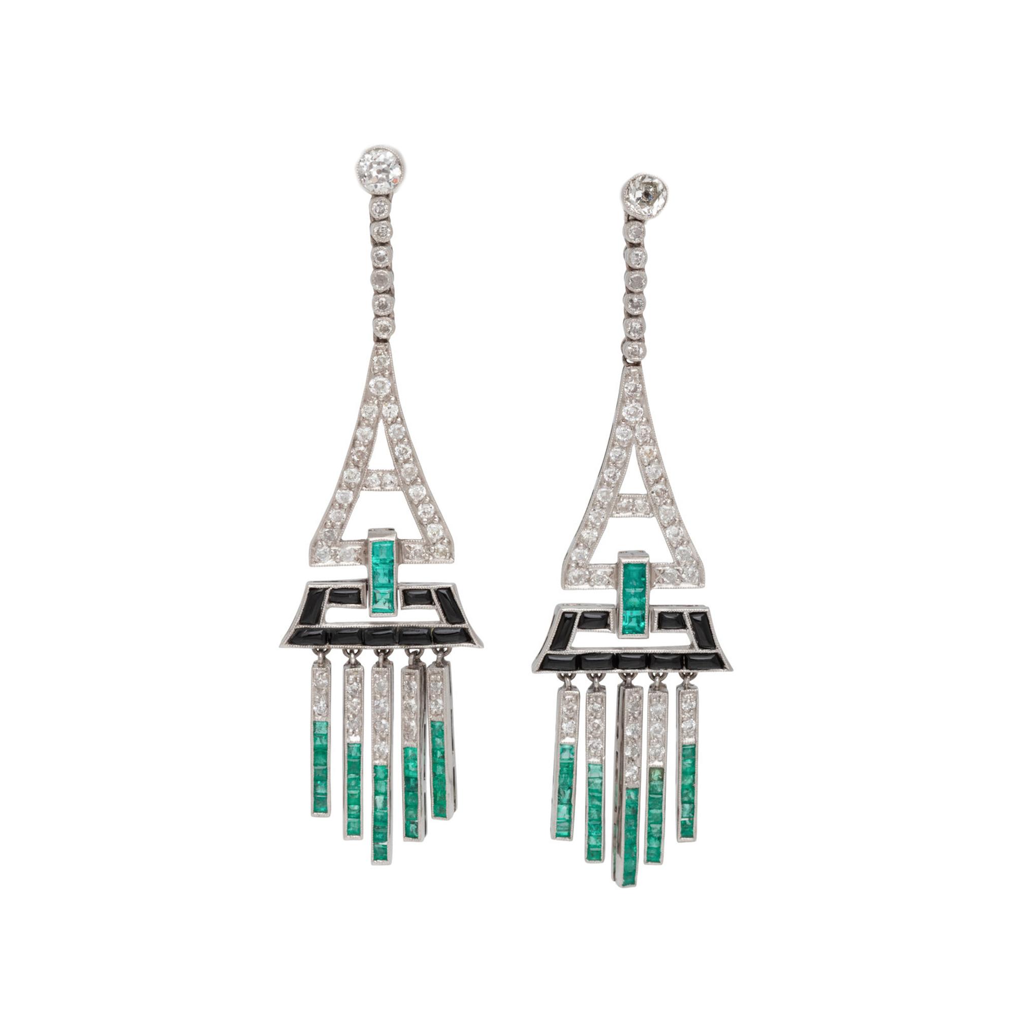 DIAMOND, EMERALD AND ONYX EARRINGS
