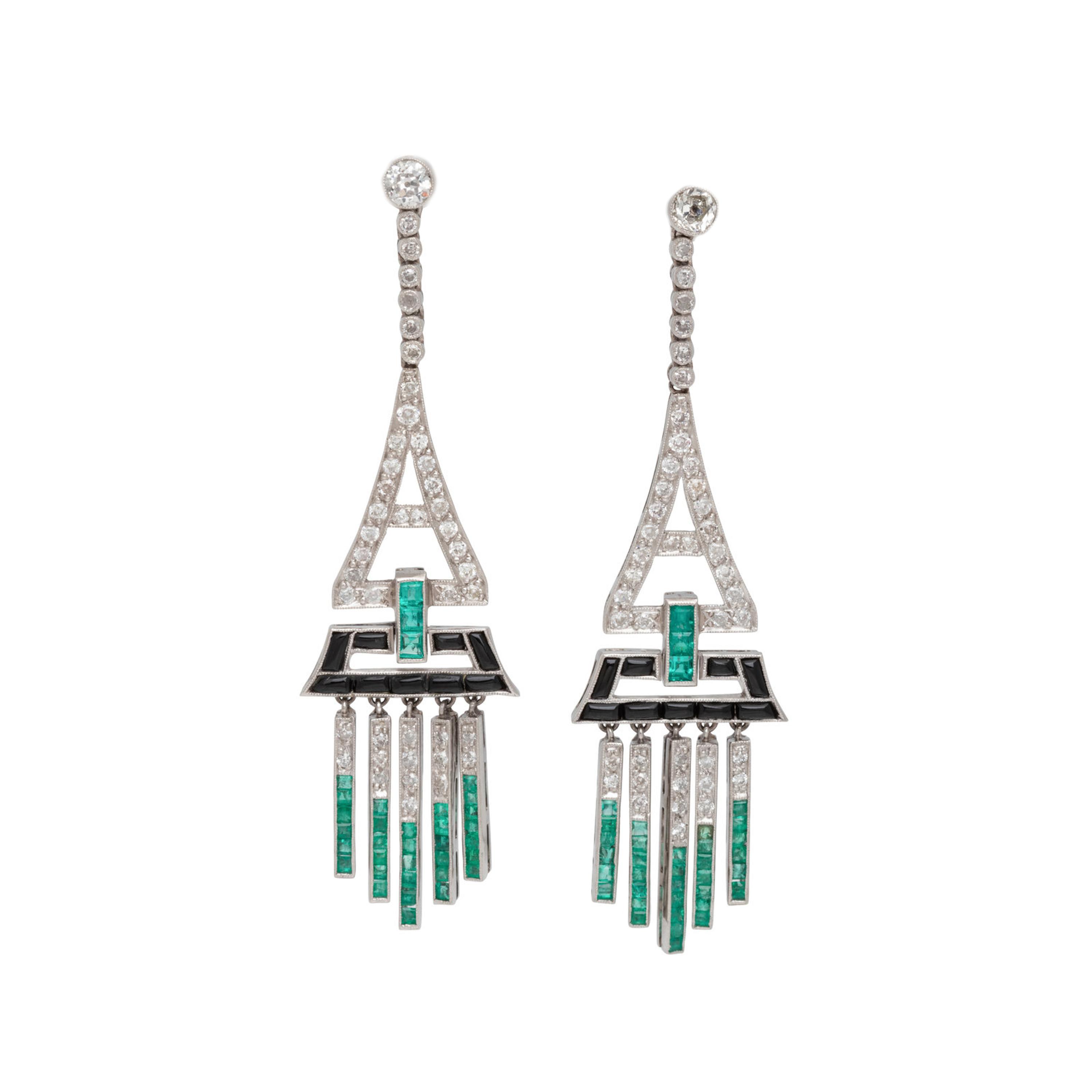 DIAMOND, EMERALD AND ONYX EARRINGS