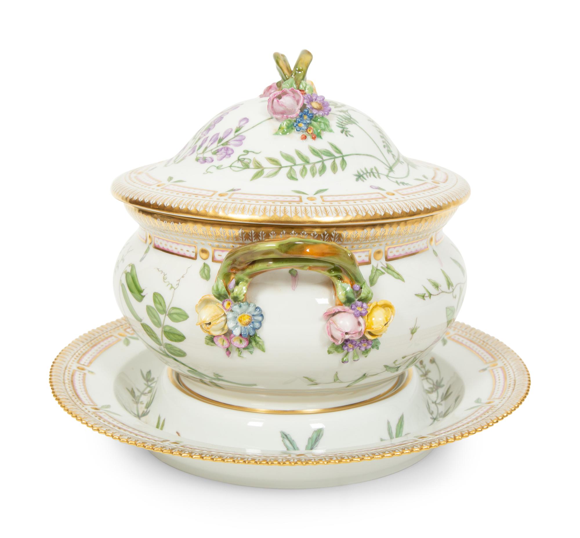 A Royal Copenhagen Flora Danica Porcelain Round Covered Tureen on Stand