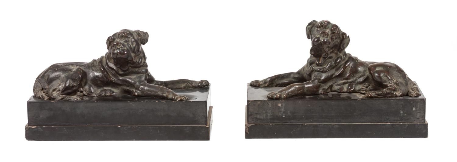 A Pair of Bronze Mastiffs Width of each 14 inches.