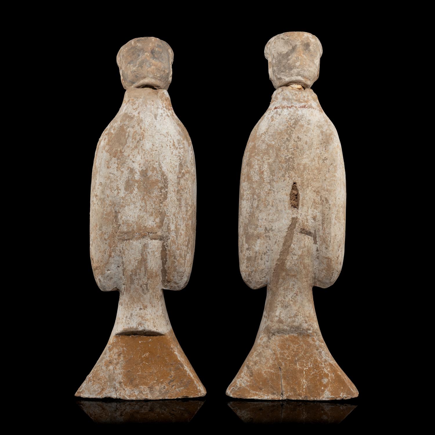 A Large Pair of Chinese Painted Pottery Ladies, Han Dynasty — 漢 灰陶彩繪侍奉俑一對