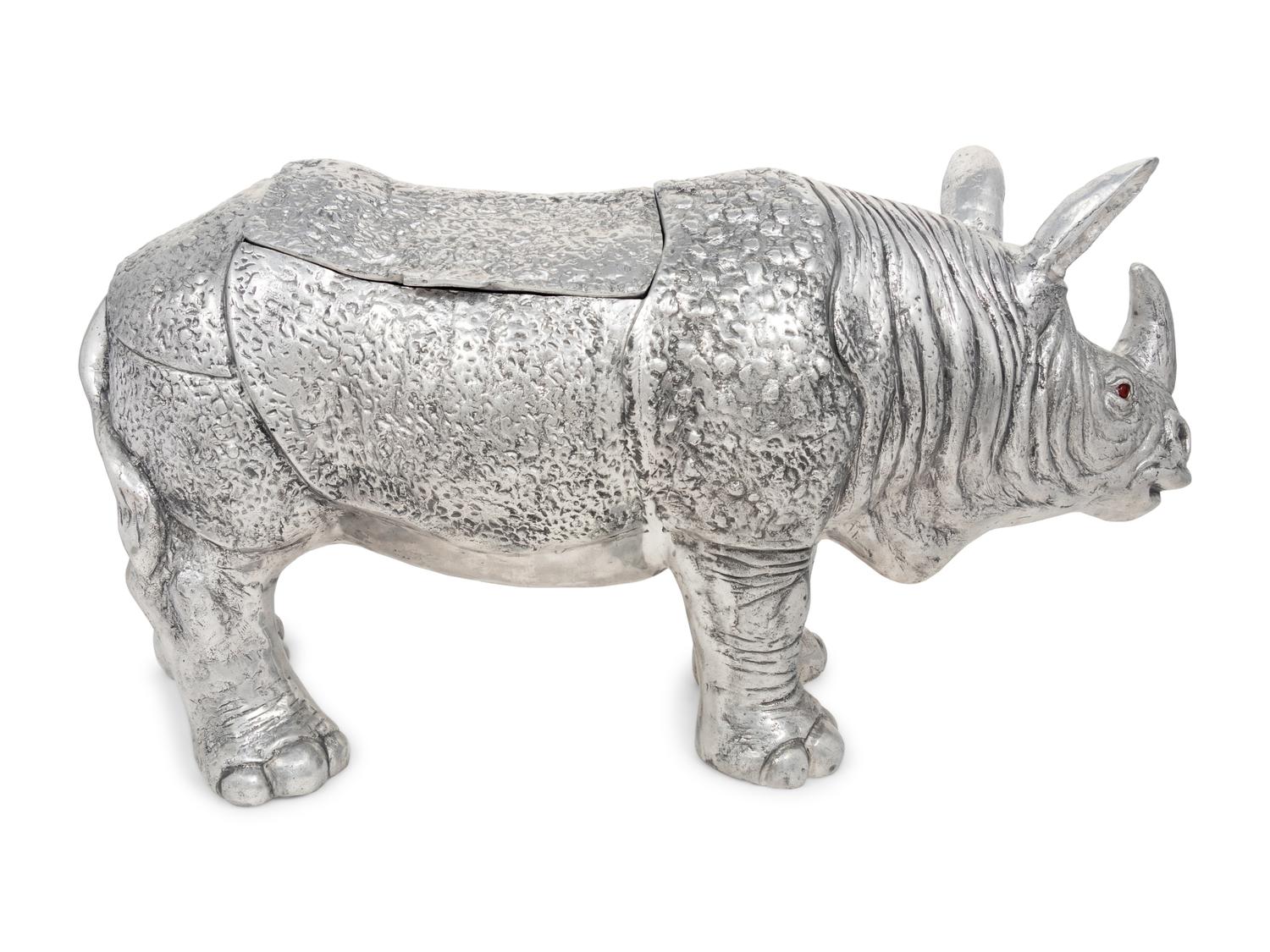 A Large Silvered Metal Rhinoceros-Form Wine Cooler