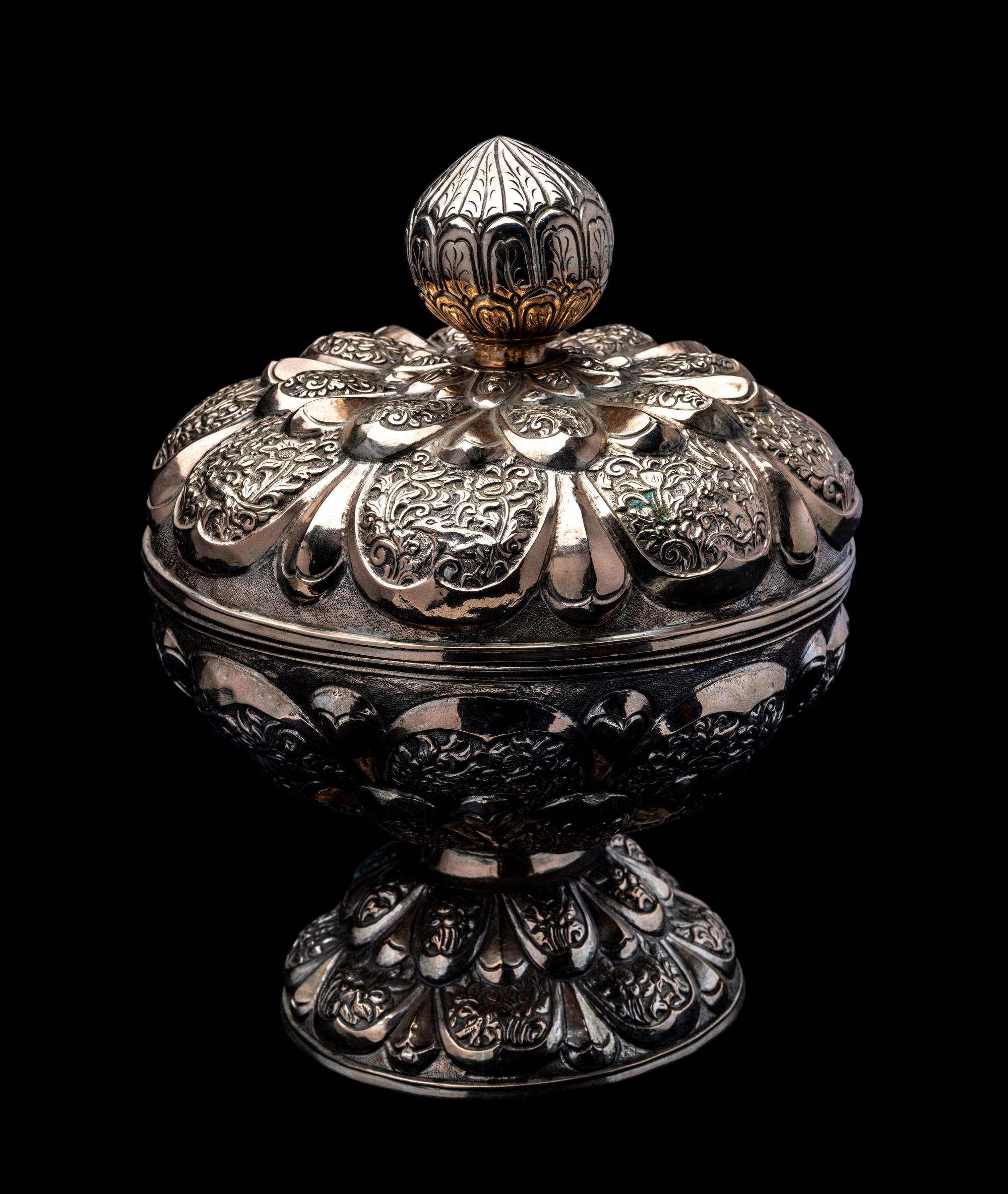 A Southeast Asian Silvered Metal Covered Pedestal Bowl
