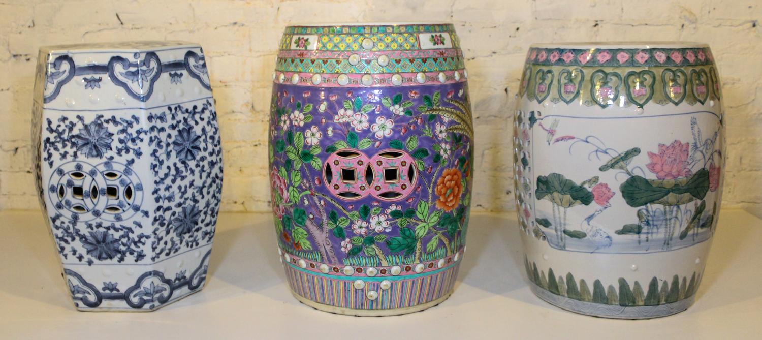 Three Chinese Porcelain Garden Stools Height of tallest 19 inches.