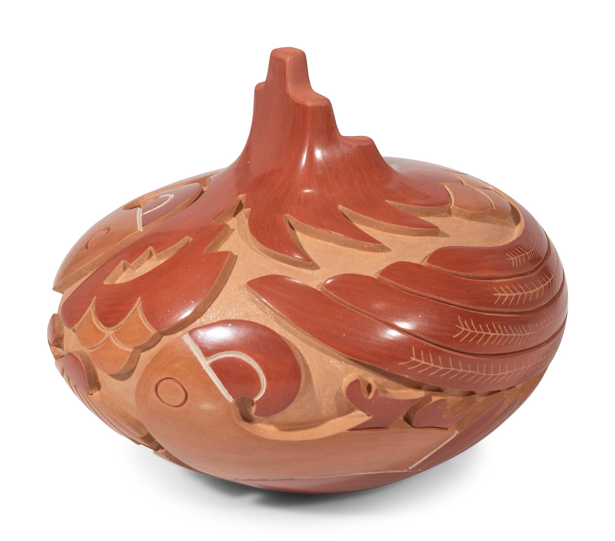 Red and Tan Carved Pottery Vase, with Parrots