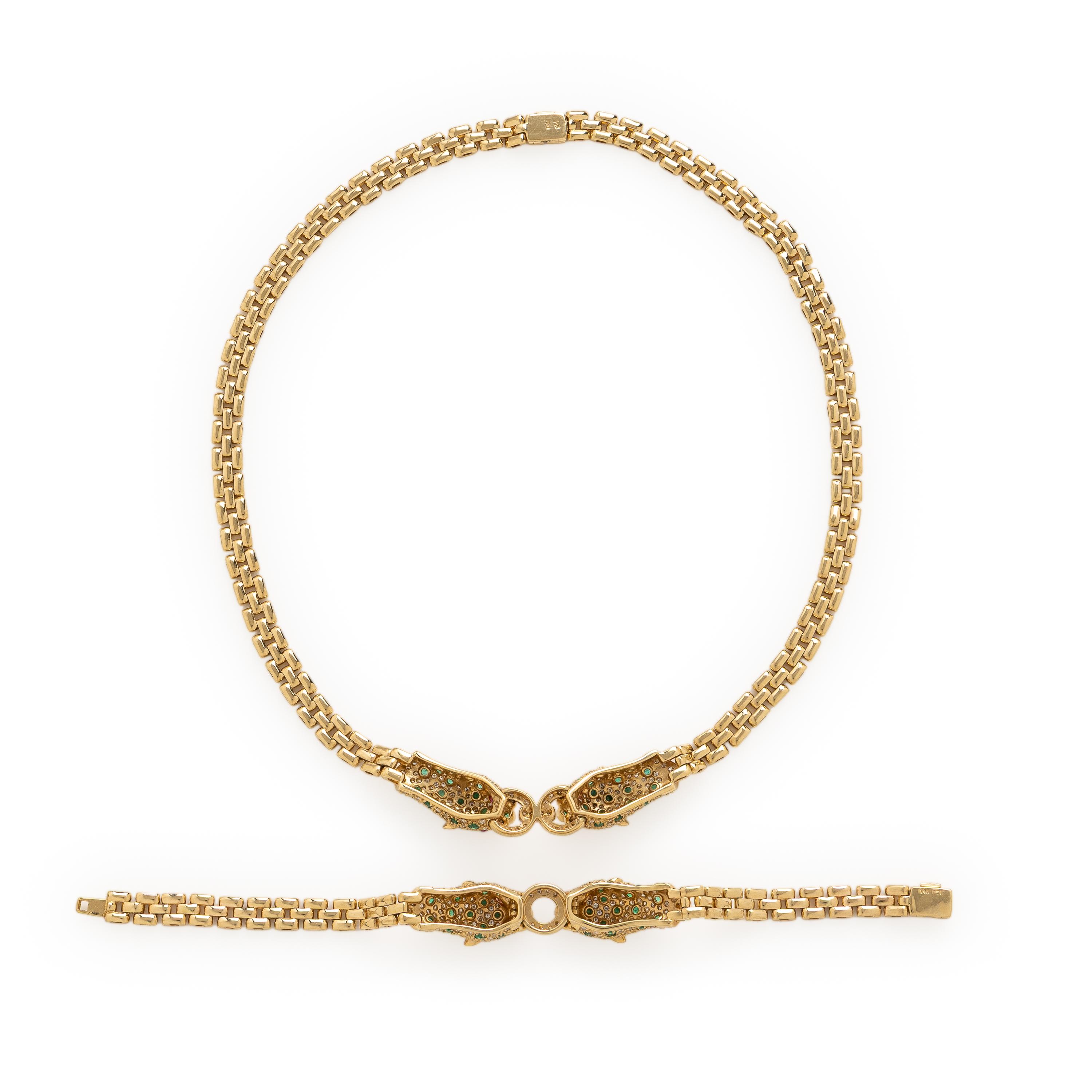 Multigem and Yellow Gold Panther Necklace and Bracelet