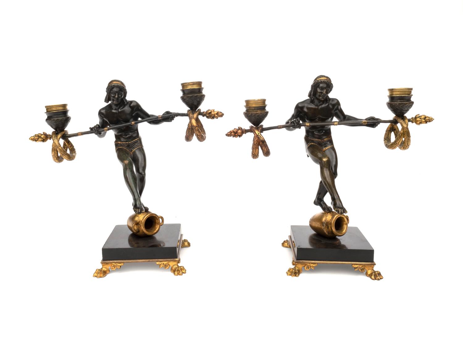 A Pair of Carriere-Belleuse Bronze and Gilt Bronze Candelabra — 19TH CENTURY