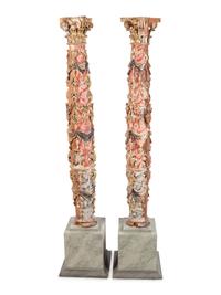 A Pair of Spanish Painted and Parcel Gilt Solomonic Columns