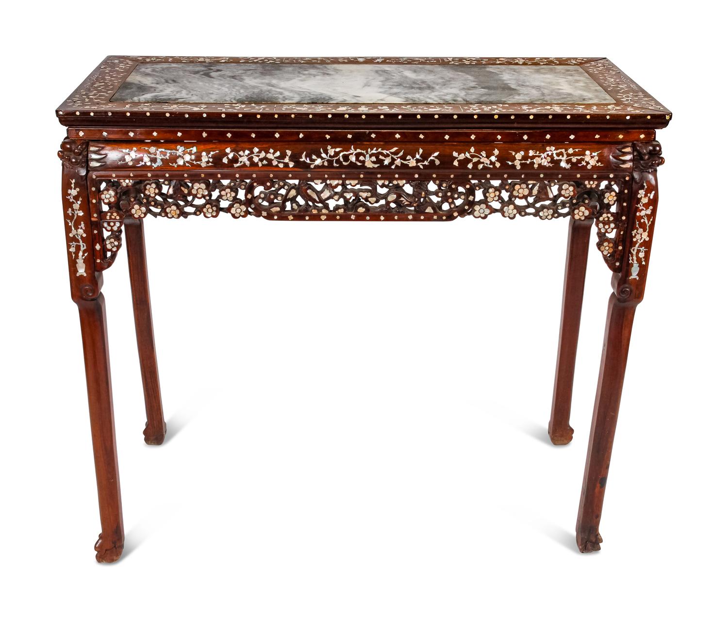 A Mother-of-Pearl Inlaid Rosewood Altar Table and Three Armchairs